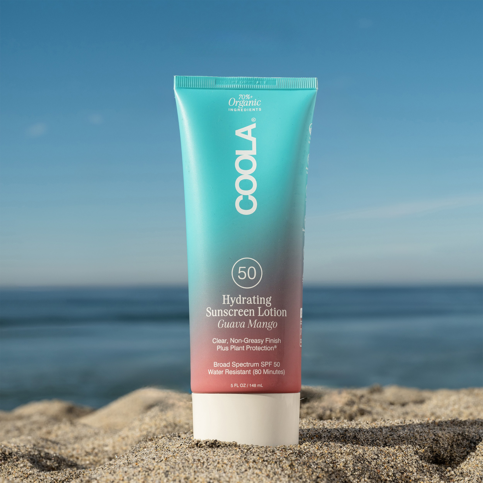 Coola Suncare hydrating sunscreen lotion SPF50 with guava mango scent, showing the bottle with tropical flavor and UV protection.
