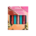Set of three Coola Suncare organic tinted mineral lip balms with SPF30, showing colorful packaging and natural lip balm texture.