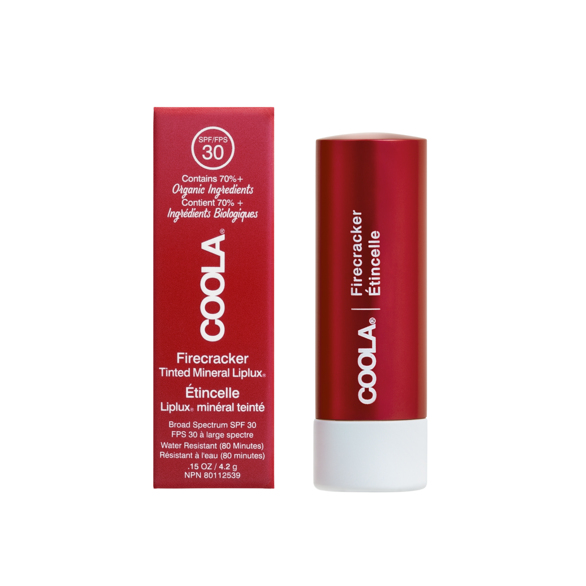 Coola Mineral Liplux Organic Tinted Lip Balm Sunscreen SPF30 in Firecracker shade, featuring a natural finish and SPF protection.