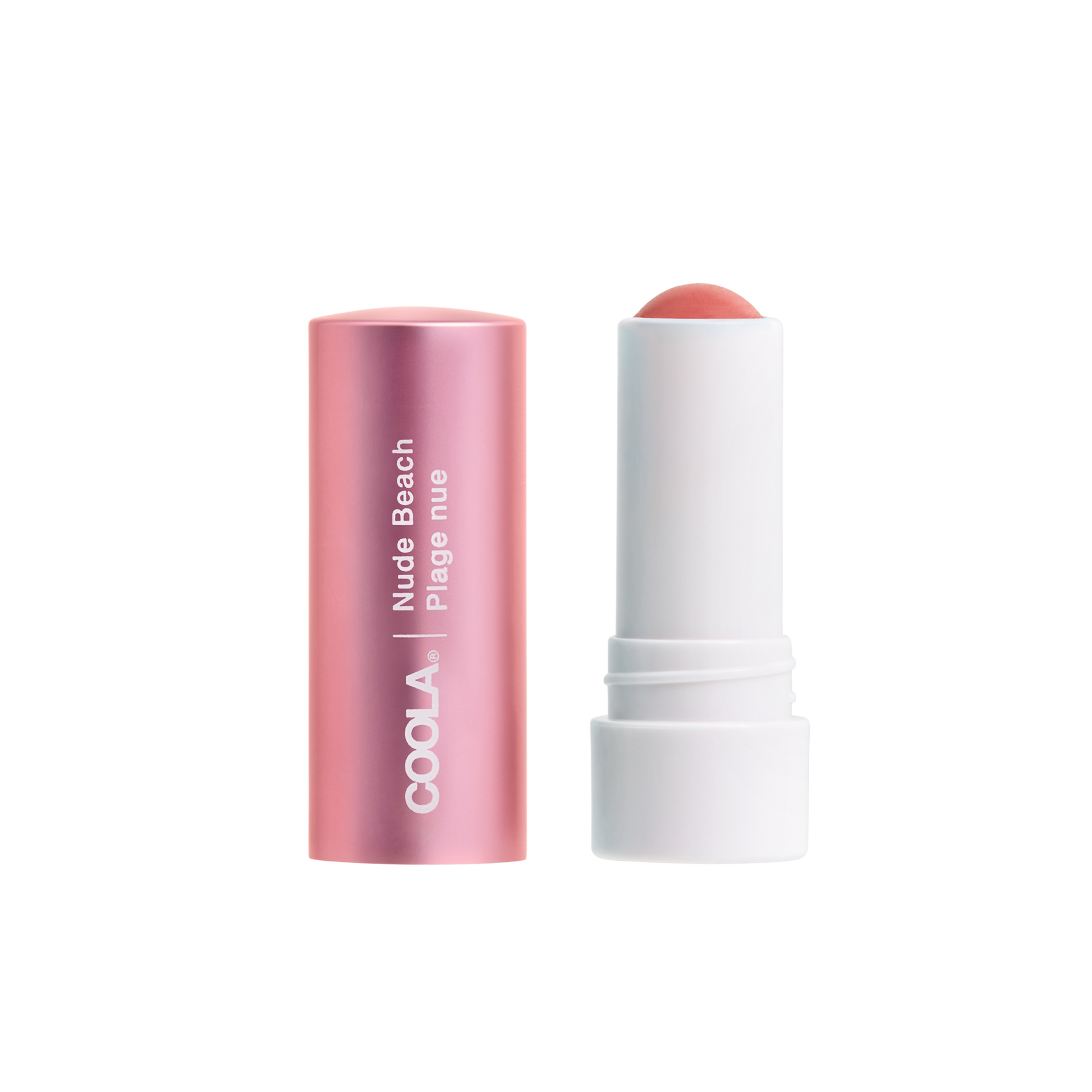 Coola Mineral Liplux Organic Tinted Lip Balm Sunscreen SPF30 in Nude Beach, showing the tinted lip balm with SPF protection.