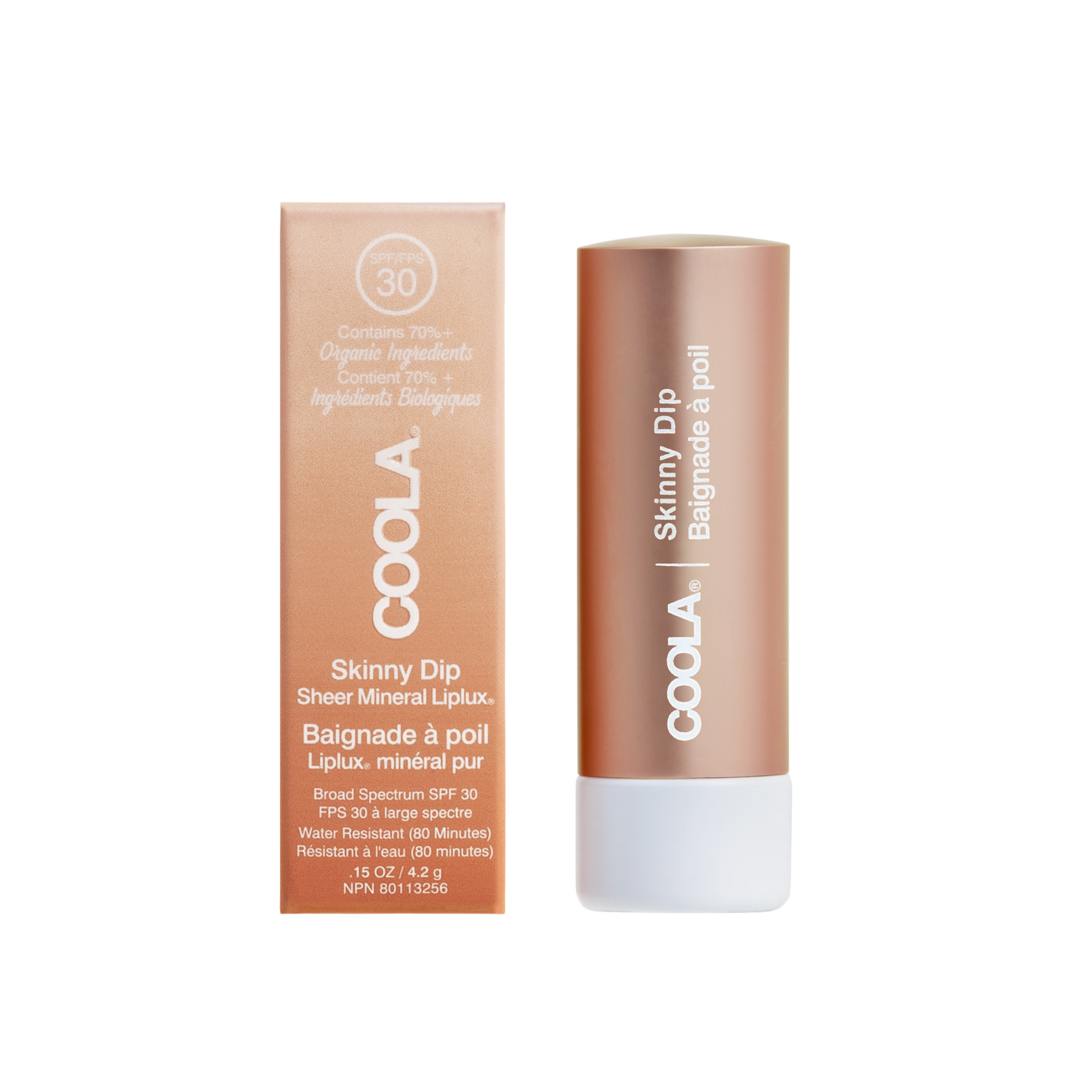 Coola Mineral Liplux Organic Tinted Lip Balm with SPF 30, featuring a natural shade in a sleek tube.