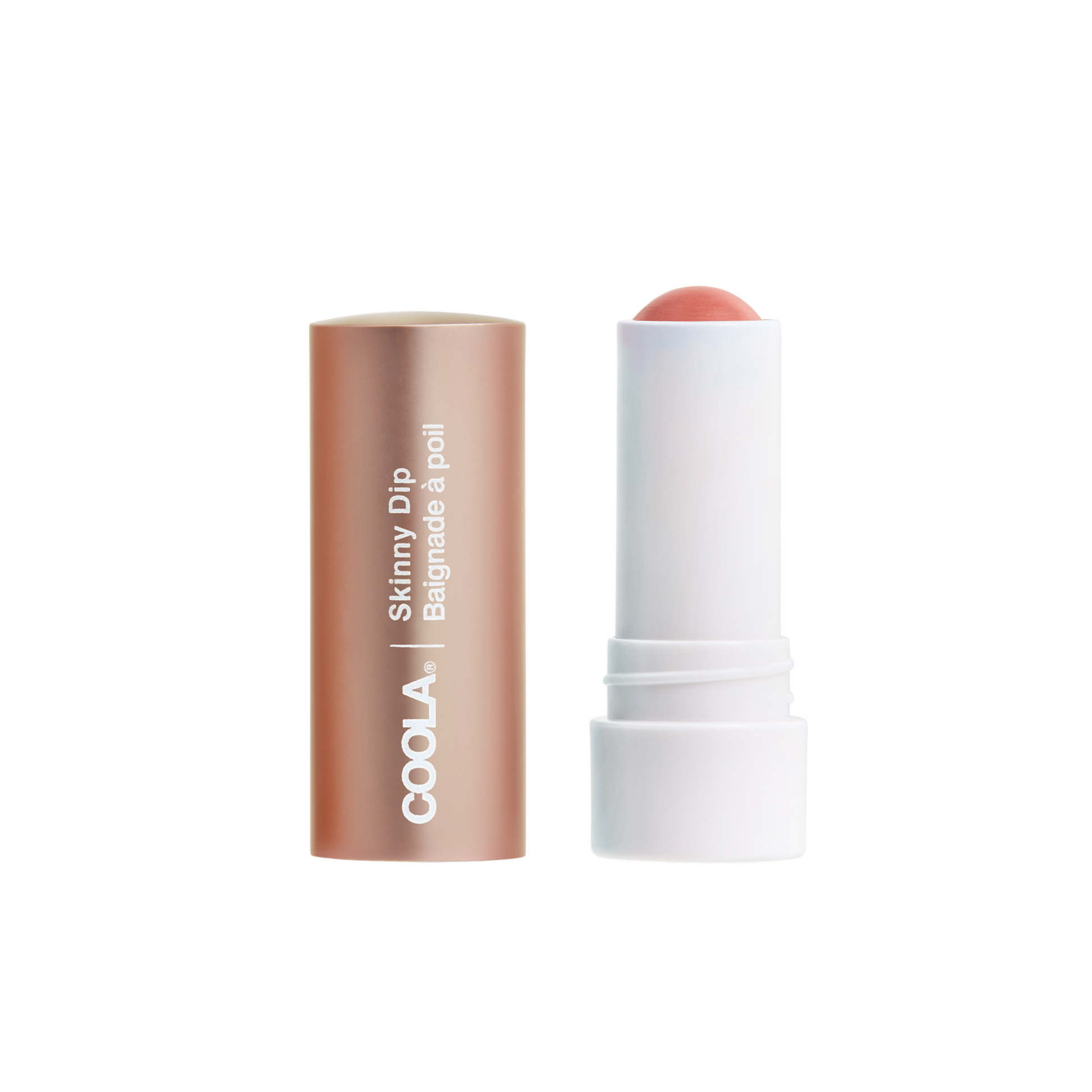 Coola Mineral Liplux Organic Tinted Lip Balm with SPF30 in Skinny Dip, showing the tinted balm tube and packaging.
