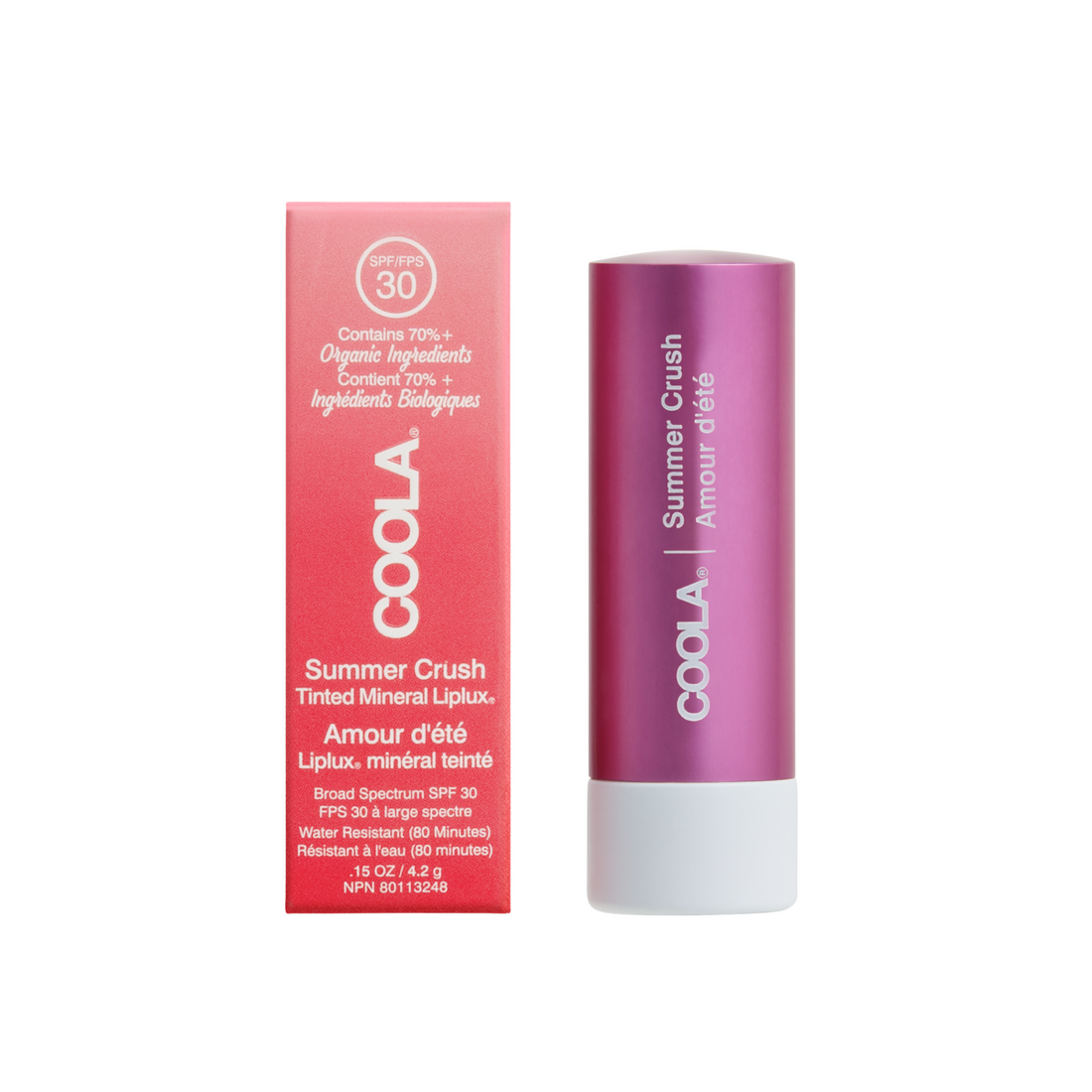 Coola Mineral Liplux Organic Tinted Lip Balm with SPF 30 in Summer Crush, featuring a smooth, tinted finish on the lips.