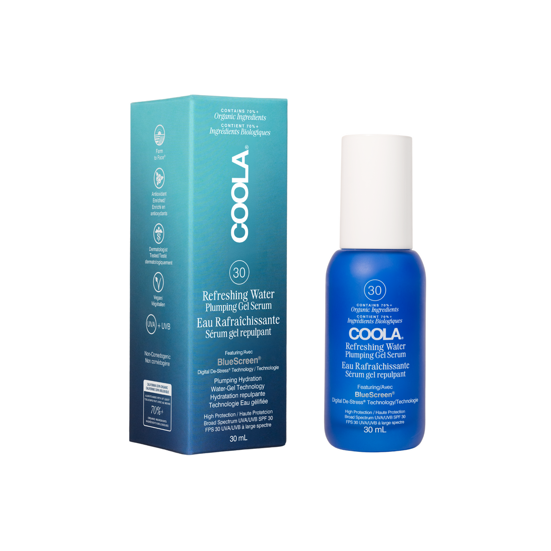 Coola Refreshing Water Plumping Gel Serum SPF30 showing a clear gel in a pump bottle, skincare serum from Coola Suncare.