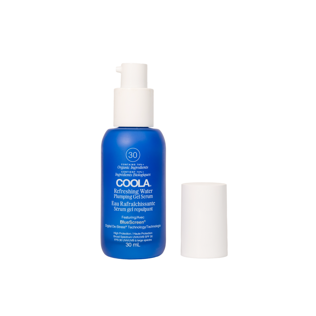 Coola Refreshing Water Plumping Gel Serum SPF30 showing a clear gel in a pump bottle, skincare serum from Coola Suncare.