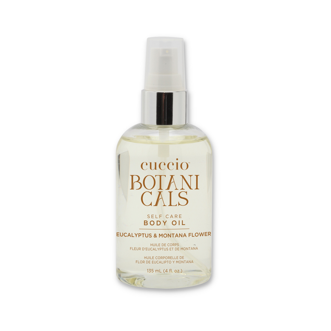 Cuccio Botanicals eucalyptus and Montana flower body oil bottle with botanical label and clear glass container.