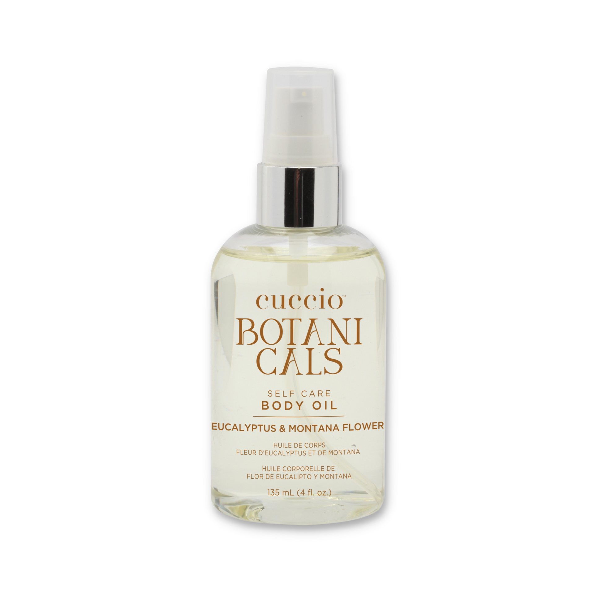 Cuccio Botanicals eucalyptus and Montana flower body oil bottle with botanical label and clear glass container.