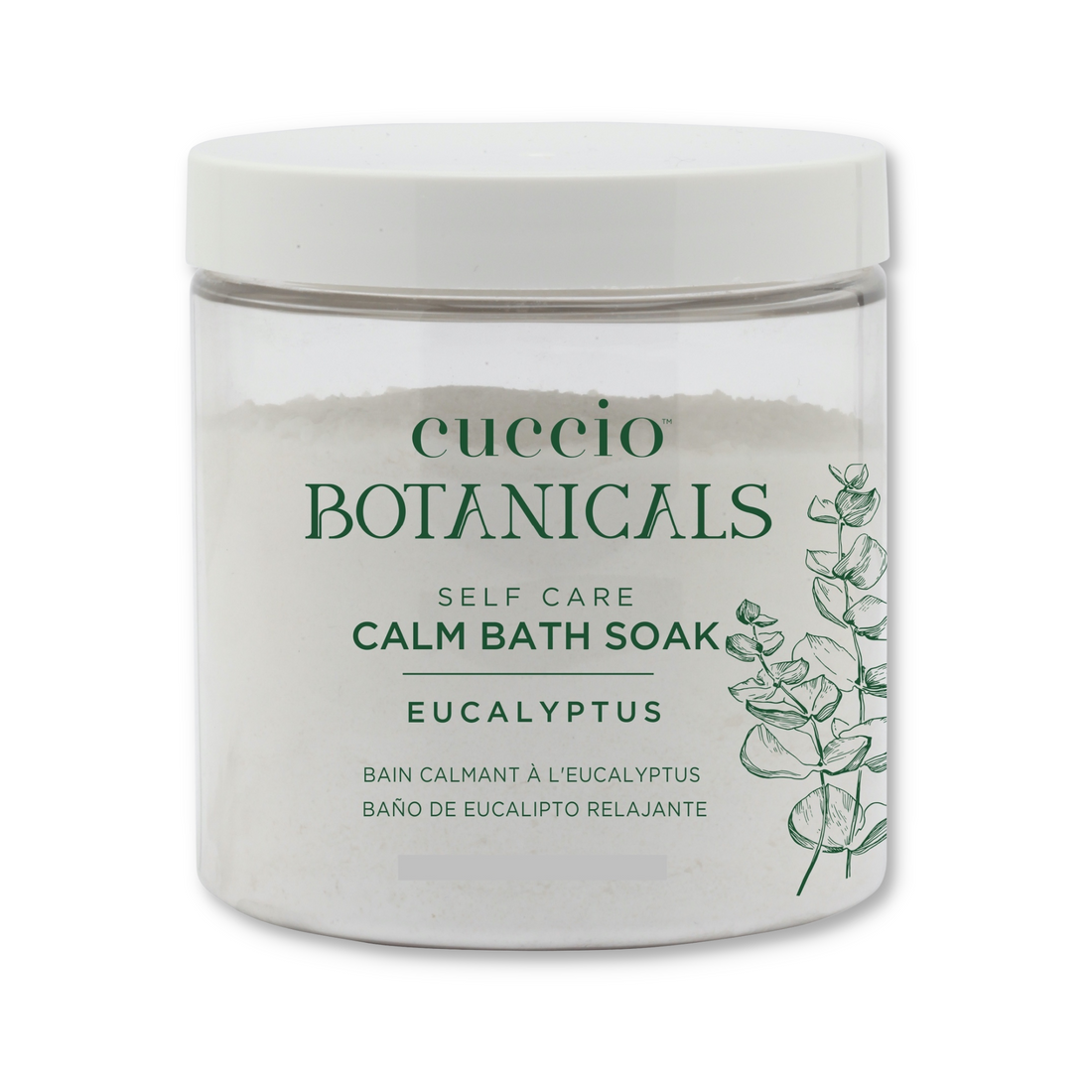 Cuccio Botanicals Calm Bath Soak with eucalyptus in a clear jar, showcasing aromatic bath salts for relaxation.