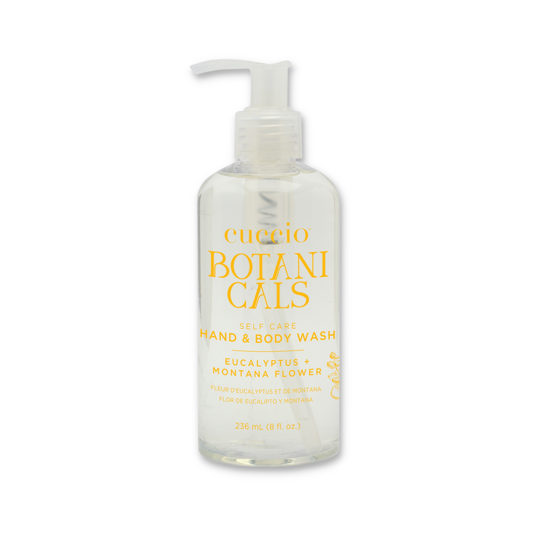 Cuccio Botanicals eucalyptus and Montana flower hand and body wash in a clear bottle with a pump dispenser.