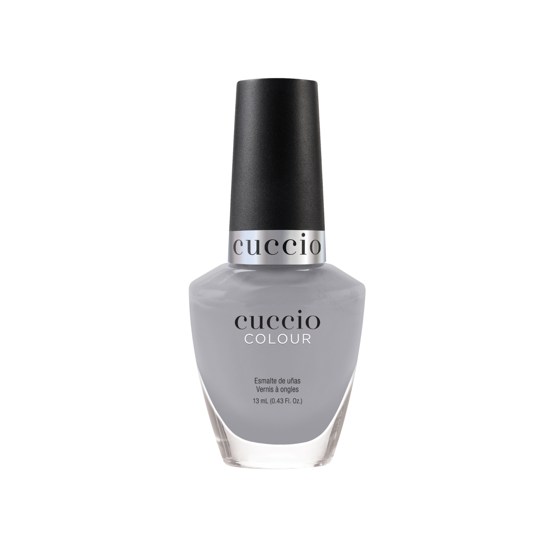 Cuccio Colour I Reflect nail polish bottle with vibrant, reflective purple shade in a sleek container.