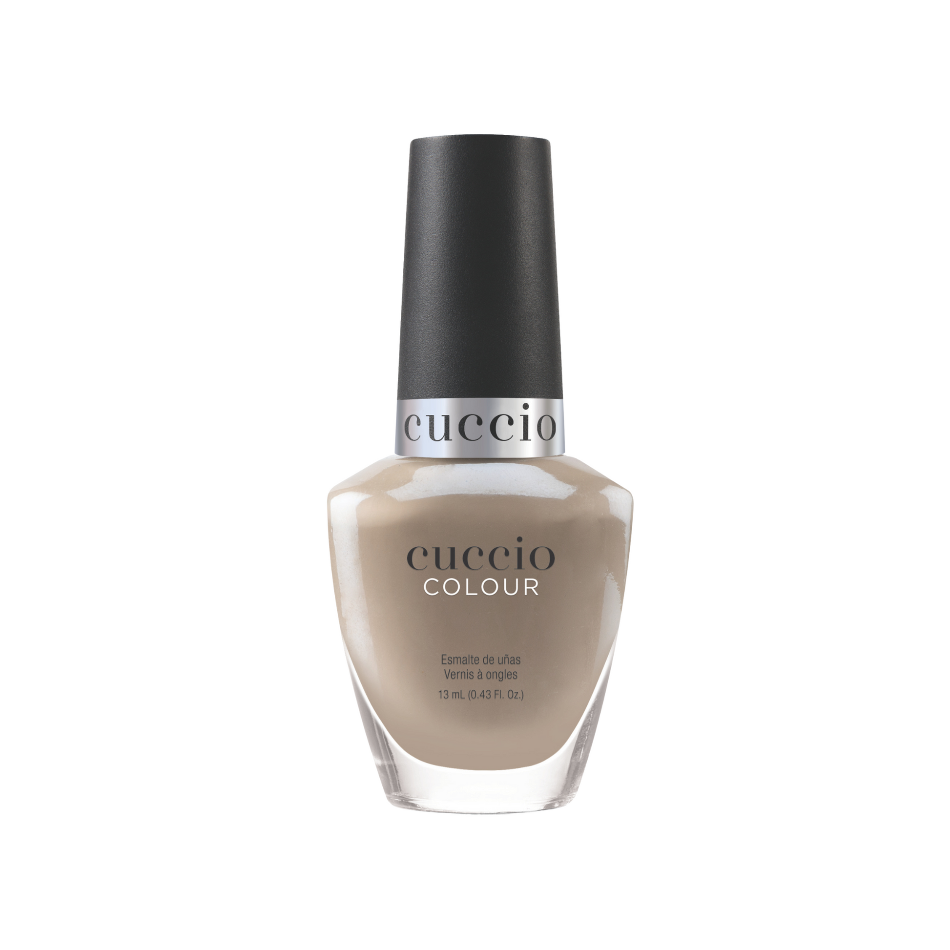 Cuccio Colour Pug Get About It nail polish bottle with light brown shade, showcasing the Cuccio Colour branding and product label.