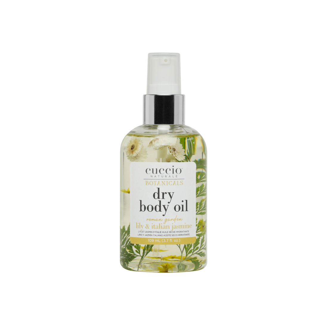 Cuccio Naturalé Botanicals Roman Garden dry body oil bottle with botanical ingredients and elegant packaging.