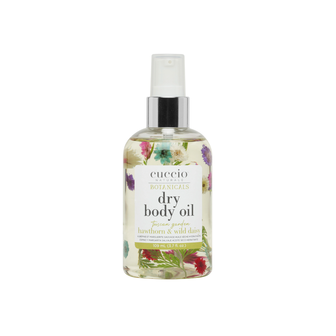 Cuccio Naturalé Botanicals Tuscan Garden dry body oil in a 109ml bottle, featuring a botanical and natural skincare formulation.