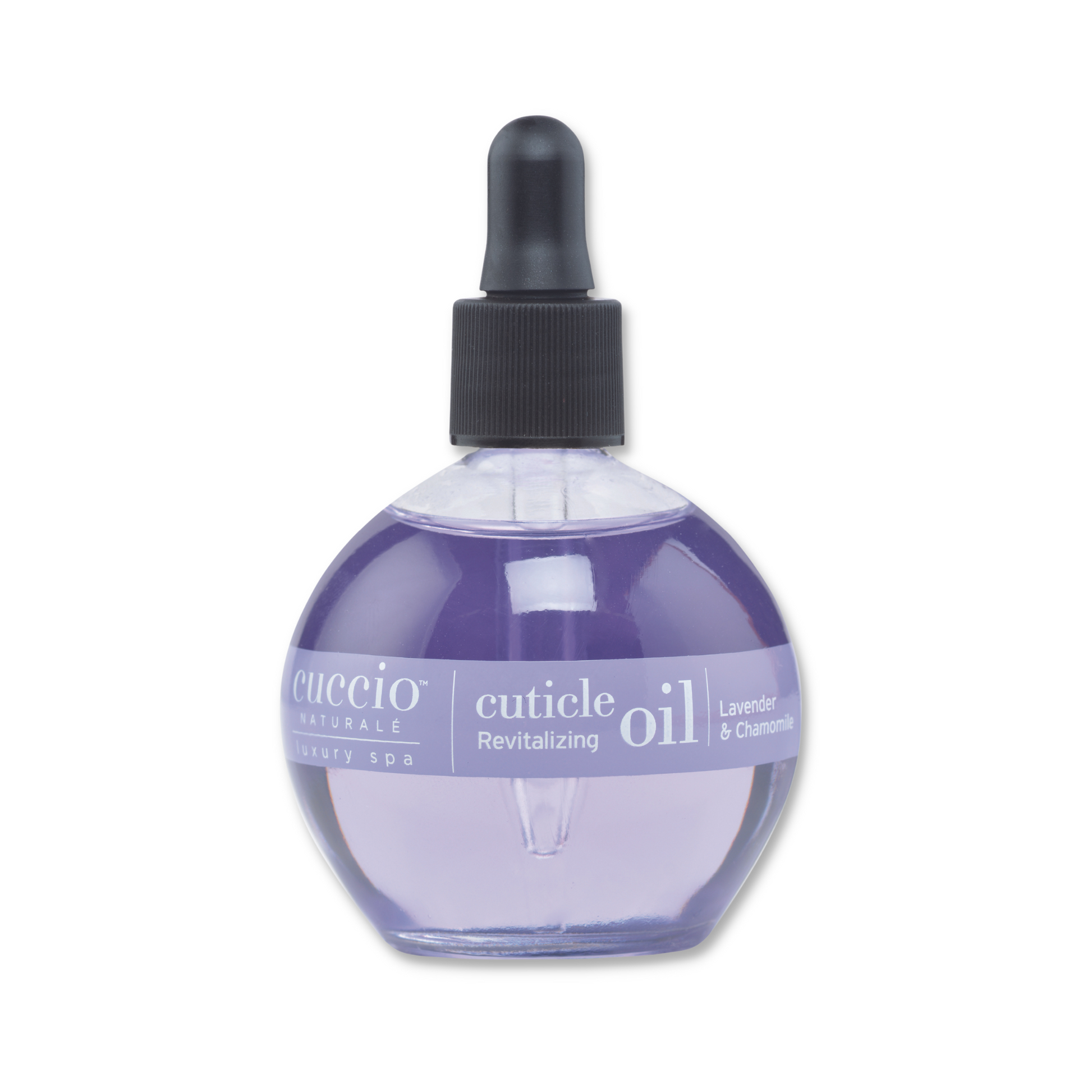 Cuccio Naturalé Lavender and Chamomile Cuticle Revitalizing Oil in a 2.5oz bottle, promoting healthy cuticles and nails.