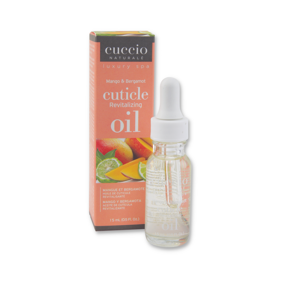 Cuccio Naturalé Mango & Bergamot cuticle revitalizing oil in 15ml bottle, natural cuticle cream and oil for nail care.