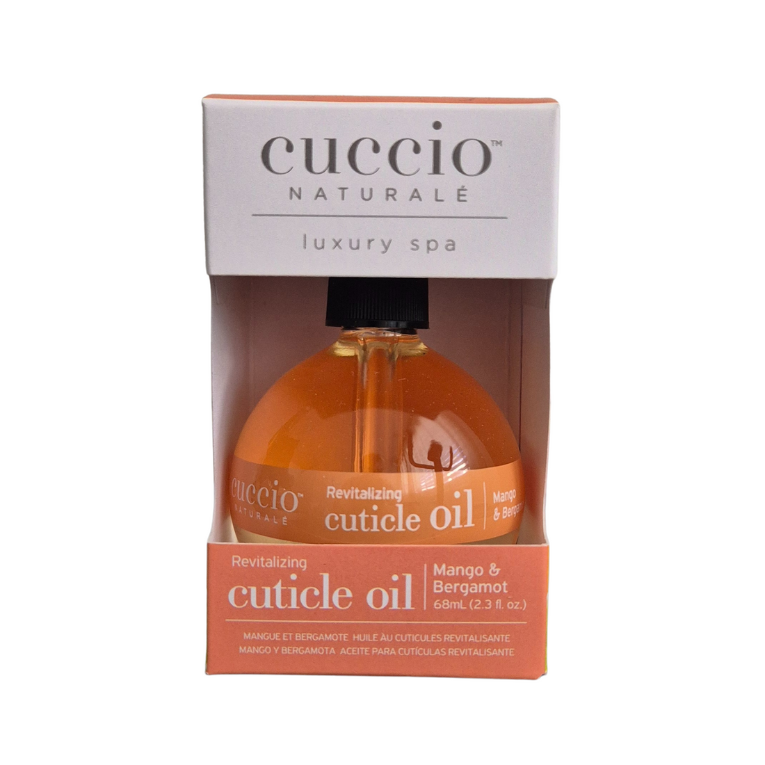 Cuccio Naturalé Mango & Bergamot cuticle oil in a 68ml bottle, natural revitalizing oil for healthy, nourished cuticles.