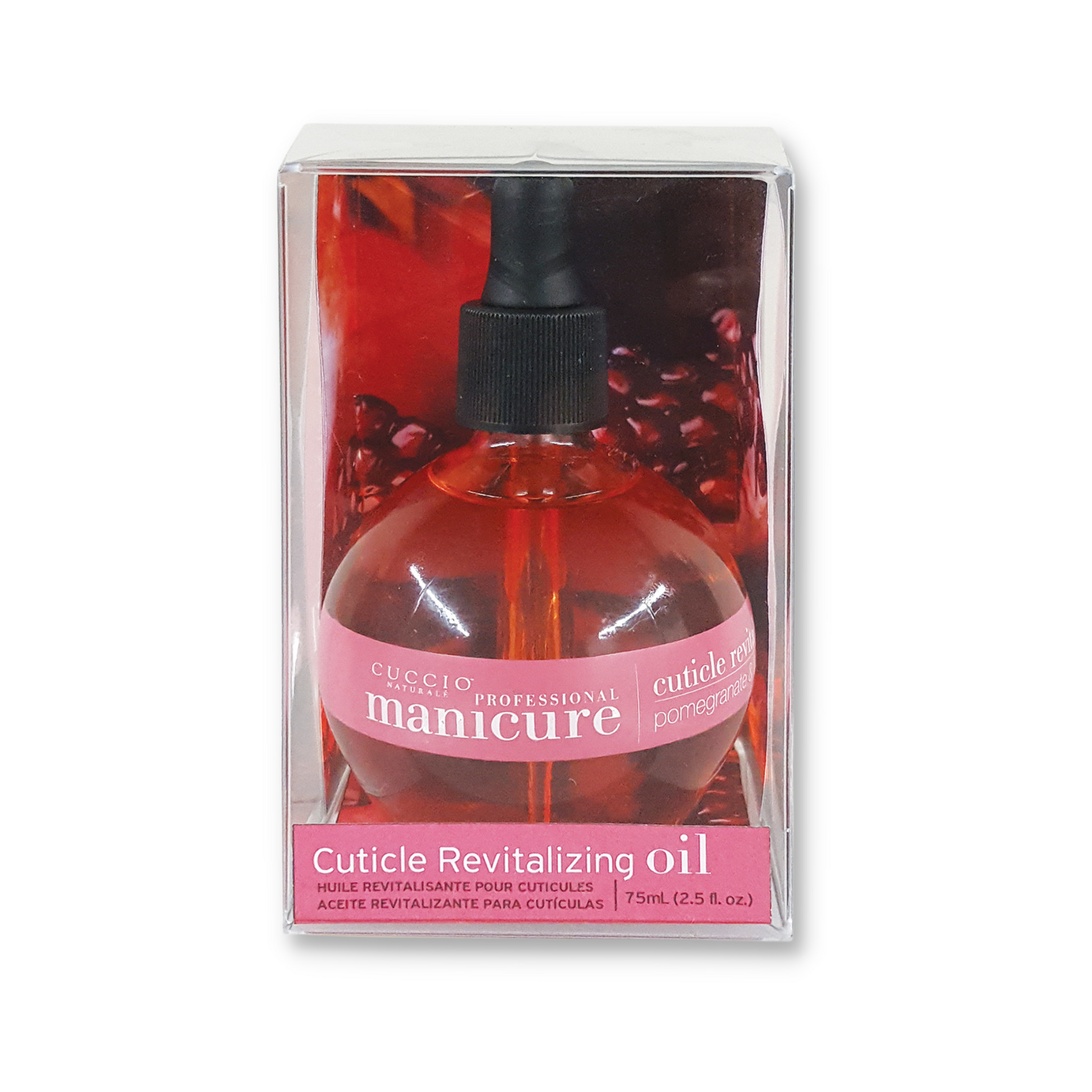 Cuccio Naturalé Pomegranate & Fig cuticle revitalizing oil in a 2.5oz bottle, showing the oil applicator and product label.