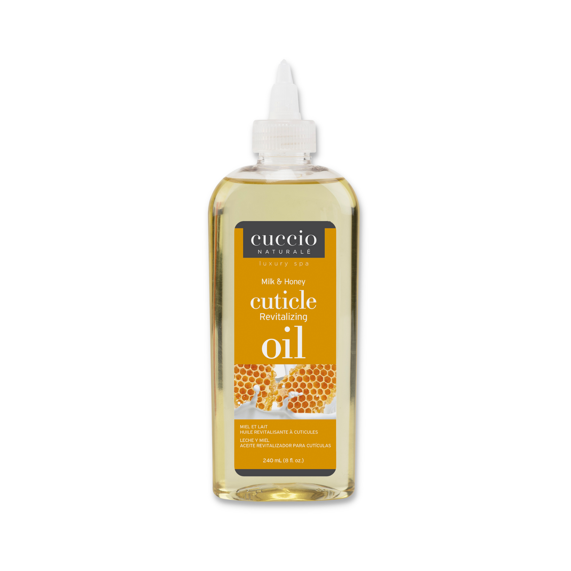 Cuccio Naturalé Milk & Honey Cuticle Revitalizing Oil refill in an 8oz bottle, nourishing cuticle cream and oil for healthy nails.