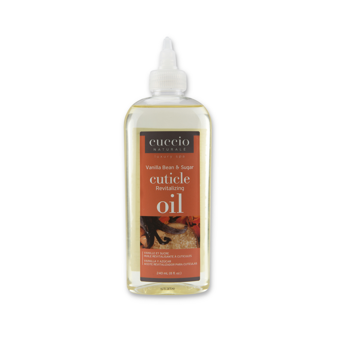 Cuccio Naturalé cuticle revitalizing oil refill with vanilla bean and sugar scent, 8oz bottle for nourishing cuticle care.