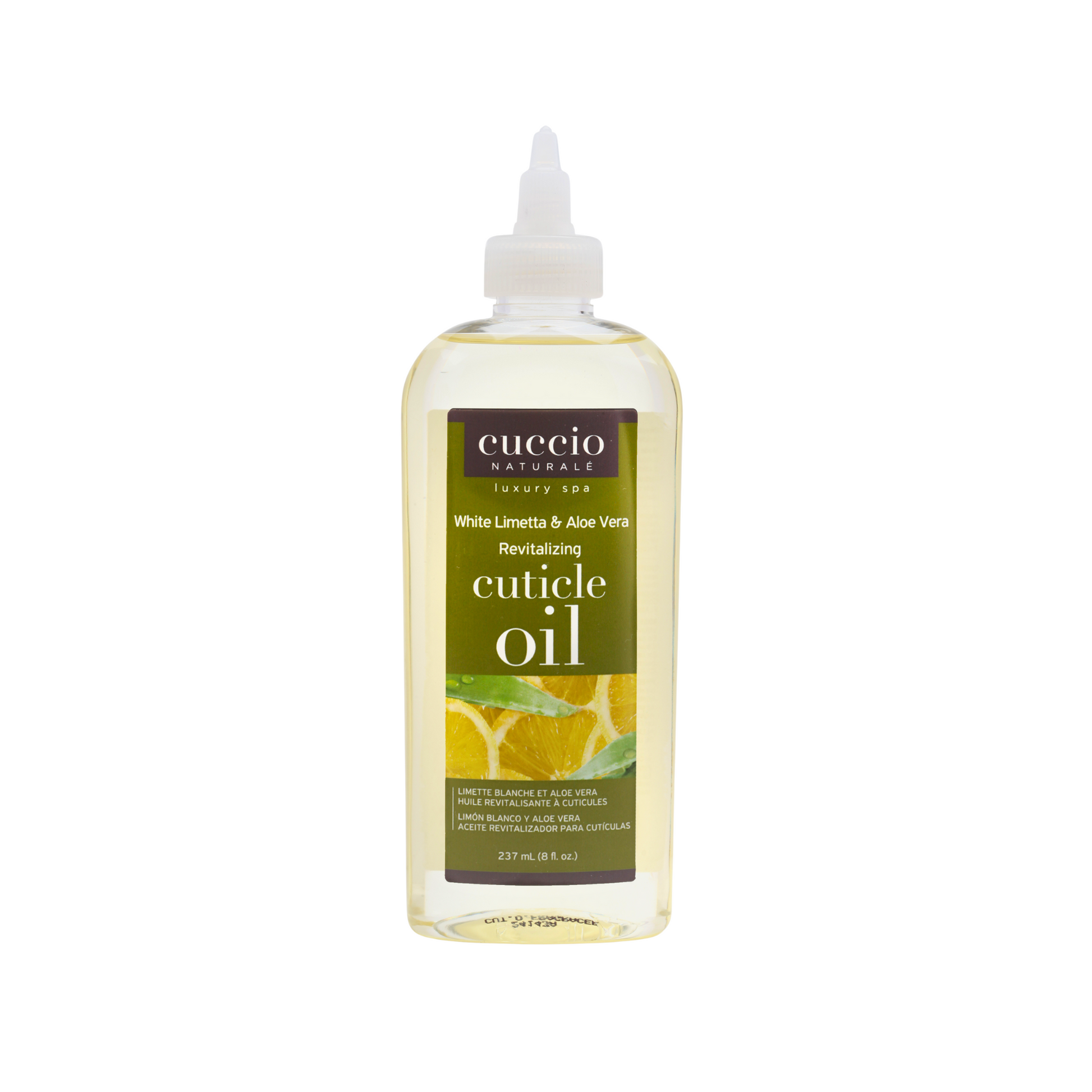 Cuccio Naturalé cuticle revitalizing oil refill with white limetta and aloe vera in a 240ml bottle for healthy nails and cuticles.