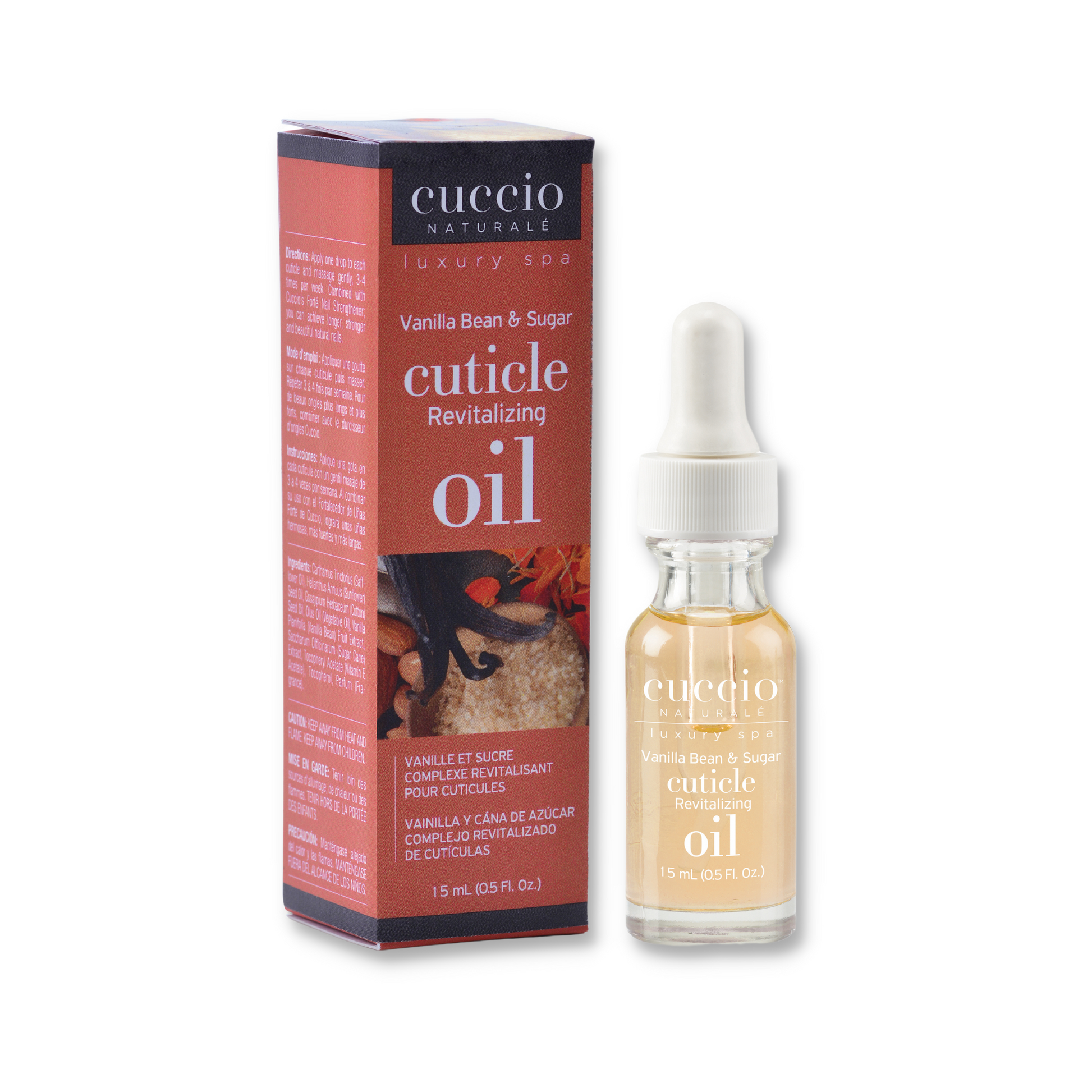 Cuccio Naturalé Cuticle Revitalizing Oil with vanilla bean and sugar, in a 0.5oz bottle, for nourishing cuticles.