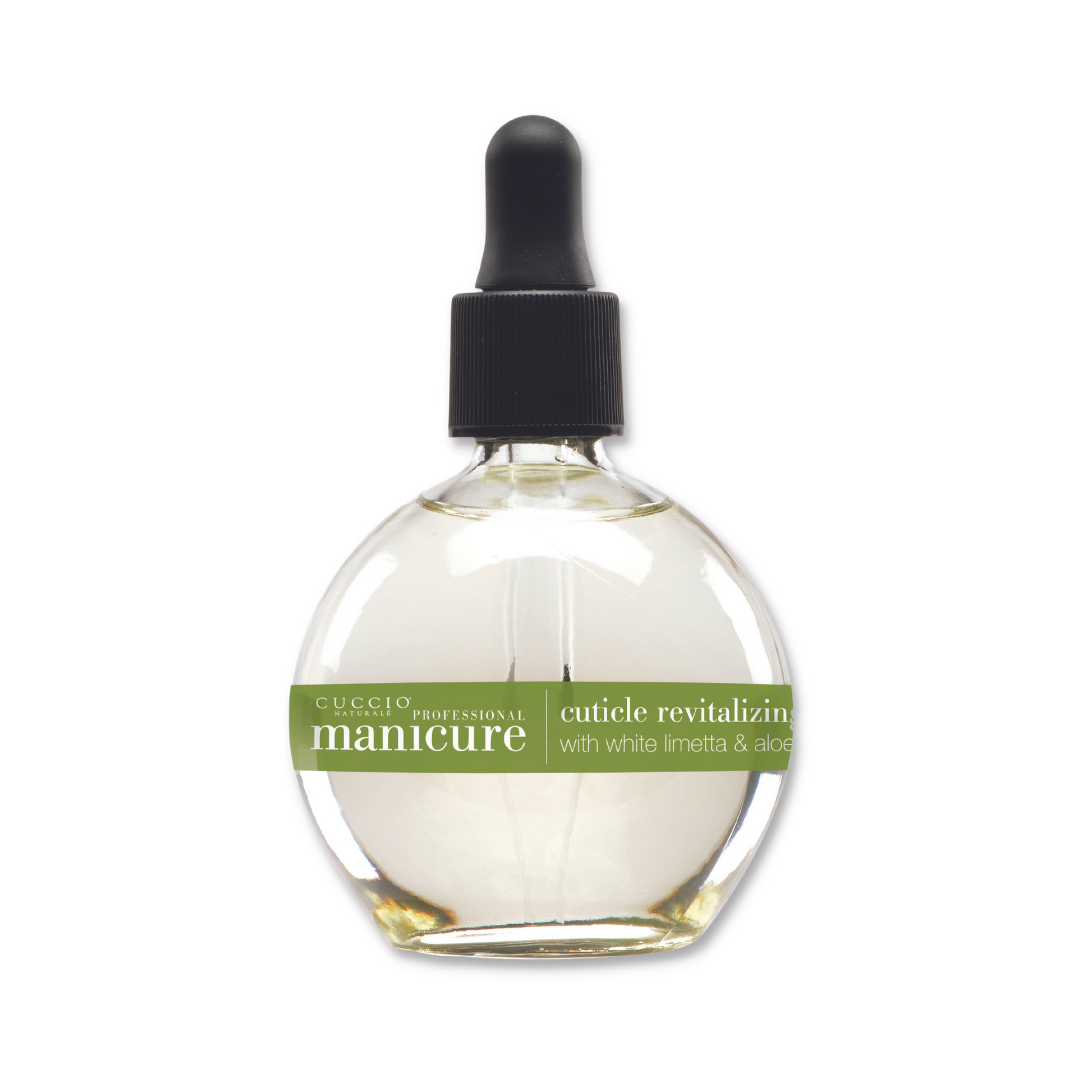 Cuccio Naturalé Cuticle Revitalizing Oil with white limetta and aloe vera in a 2.5oz bottle, featuring a clear applicator brush.
