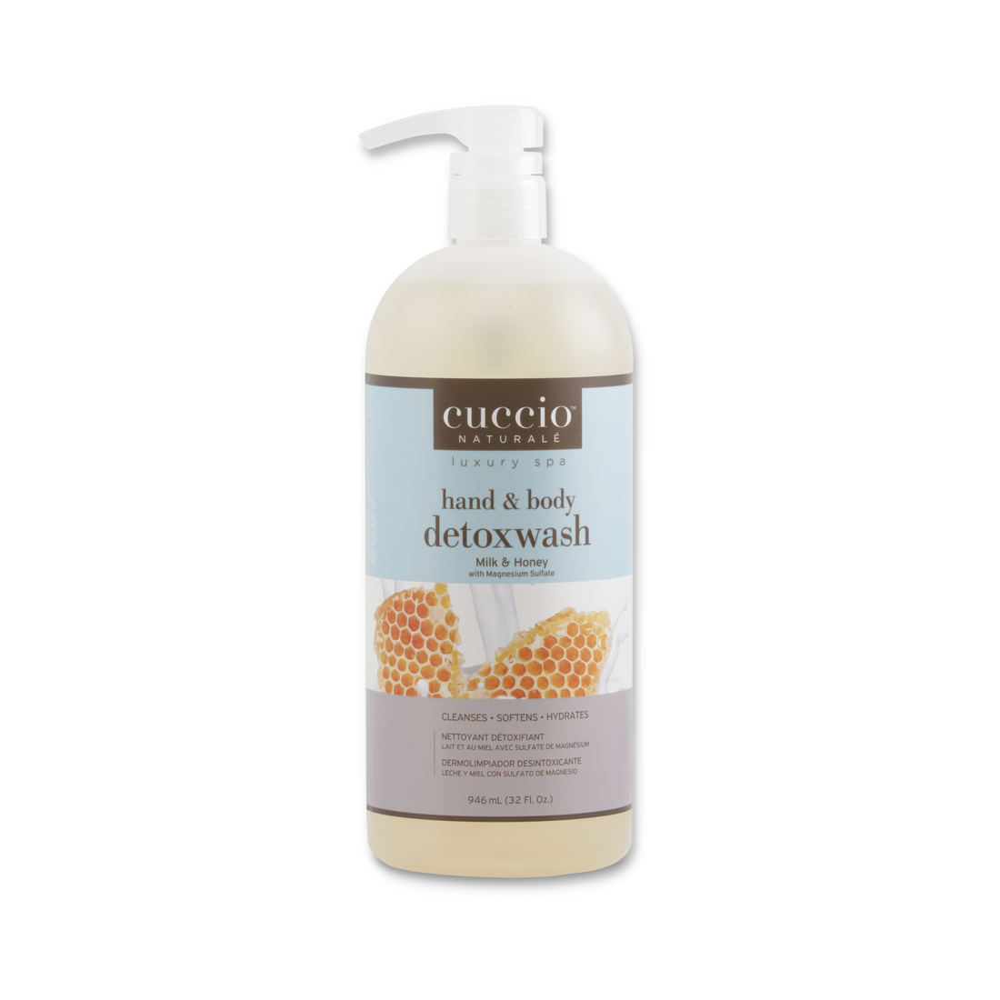 Cuccio Naturalé Milk & Honey Body Wash showing a 946ml bottle with creamy liquid and honey accents.