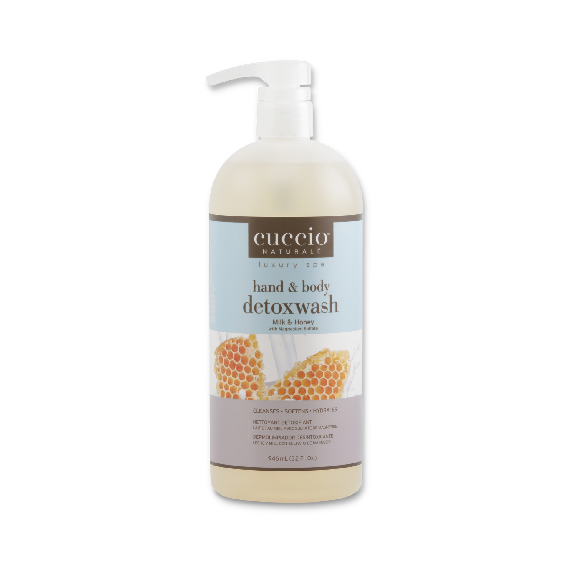 Cuccio Naturalé Milk & Honey Body Wash showing a 946ml bottle with creamy liquid and honey accents.