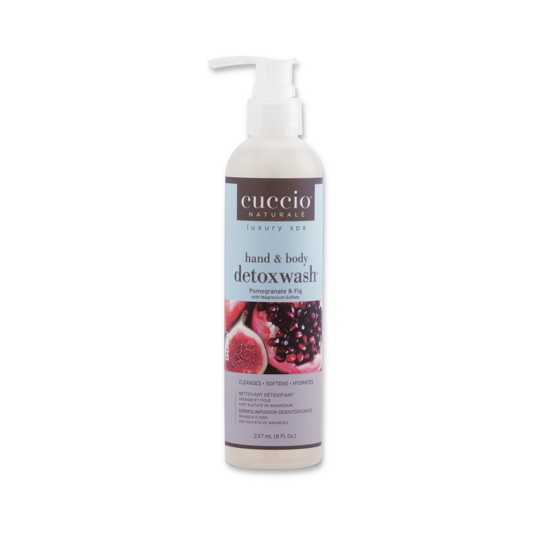 Cuccio Naturalé Pomegranate & Fig Body Wash with natural ingredients, shown in a 237ml bottle.