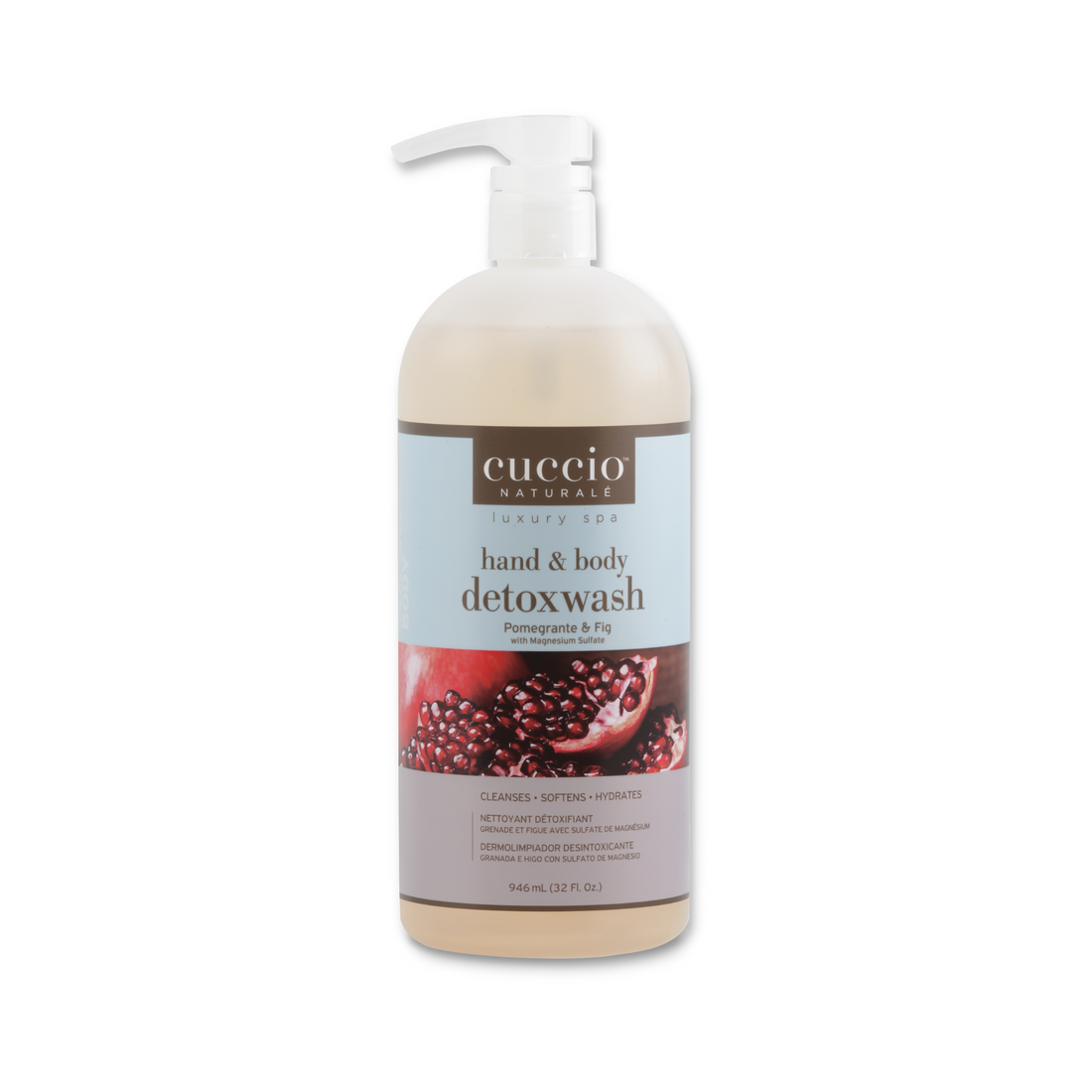 Cuccio Naturalé Pomegranate & Fig Body Wash showing a pump bottle with a colorful label and fresh pomegranate and fig illustrations.