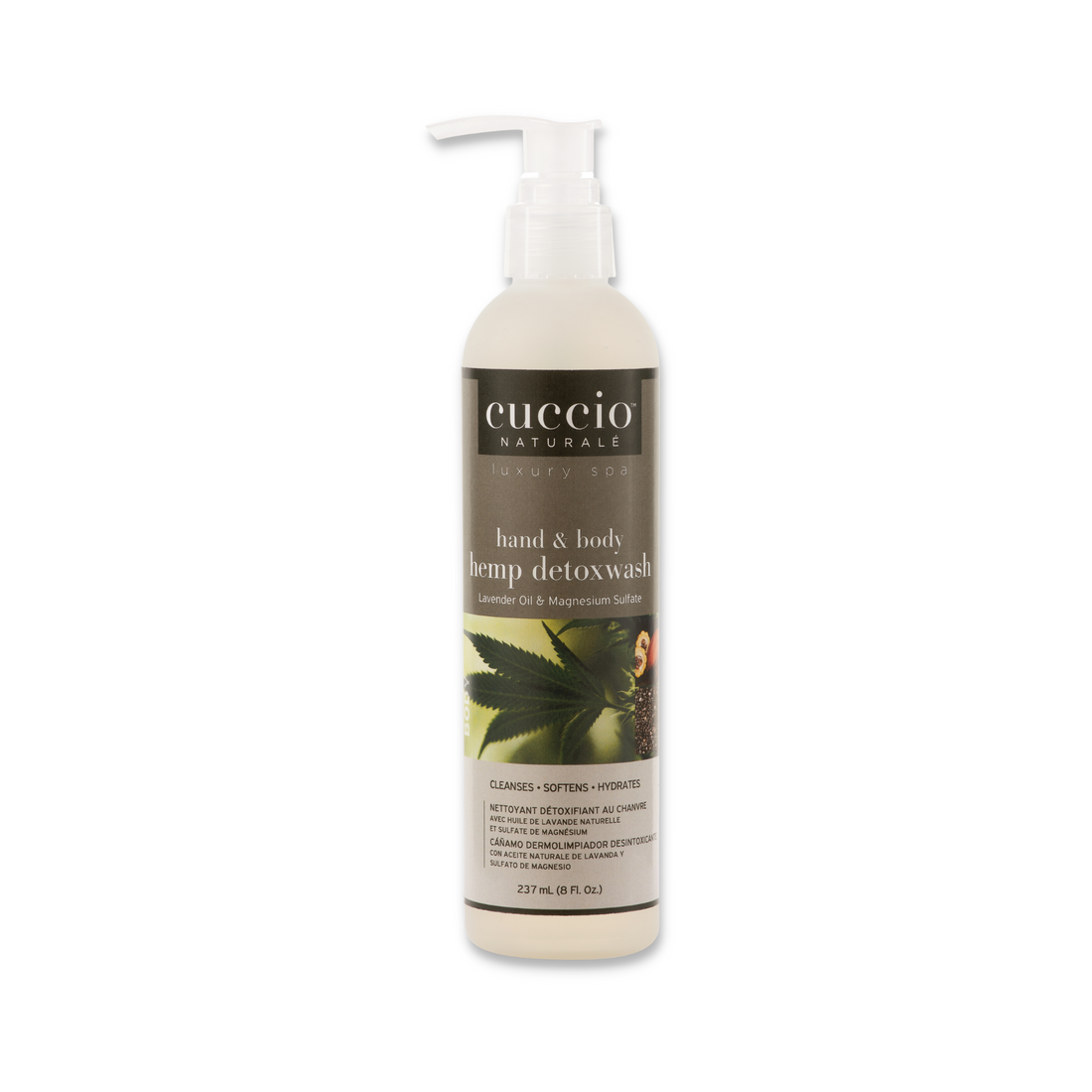 Cuccio Naturalé Hemp Detoxwash body wash in a 237ml bottle, featuring natural ingredients for cleansing and detoxifying the skin.