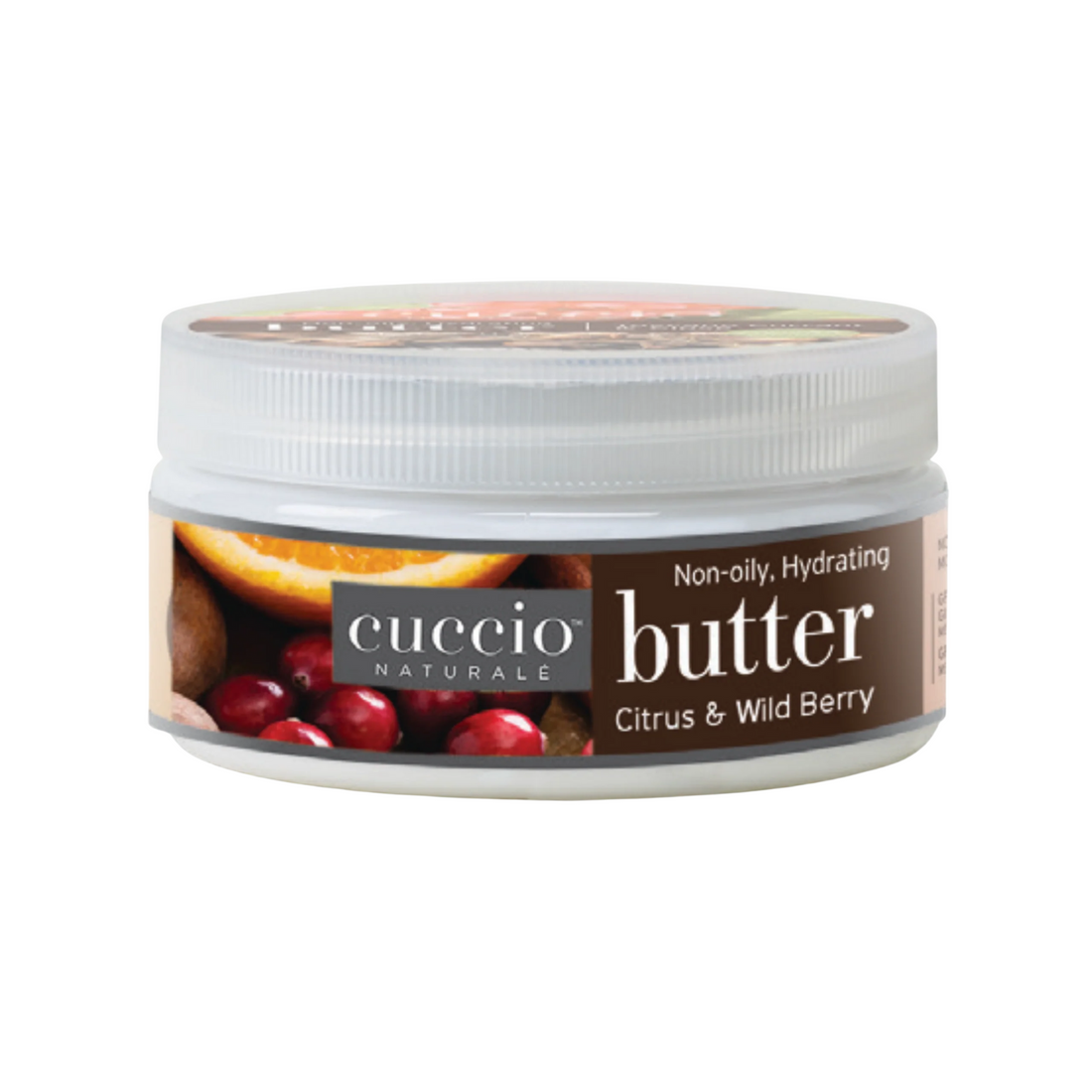 Cuccio Naturalé Hydrating Butter lotion with citrus and wild berry scent, moisturizing skin in a 226g jar.