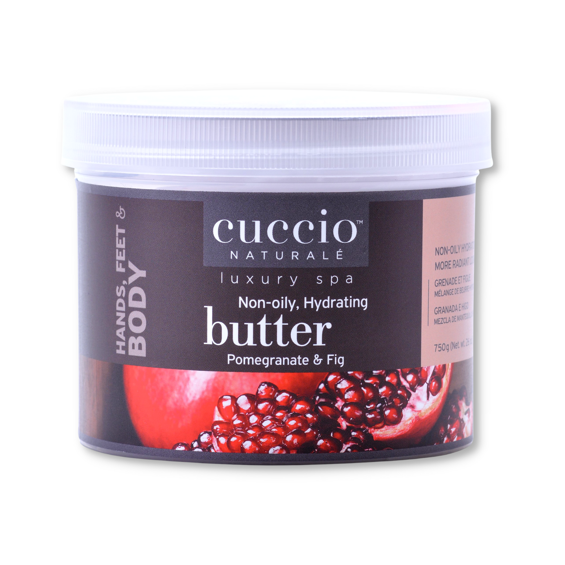 Cuccio Naturalé Hydrating Butter with Pomegranate and Fig, a rich lotion and moisturizer in a creamy jar.