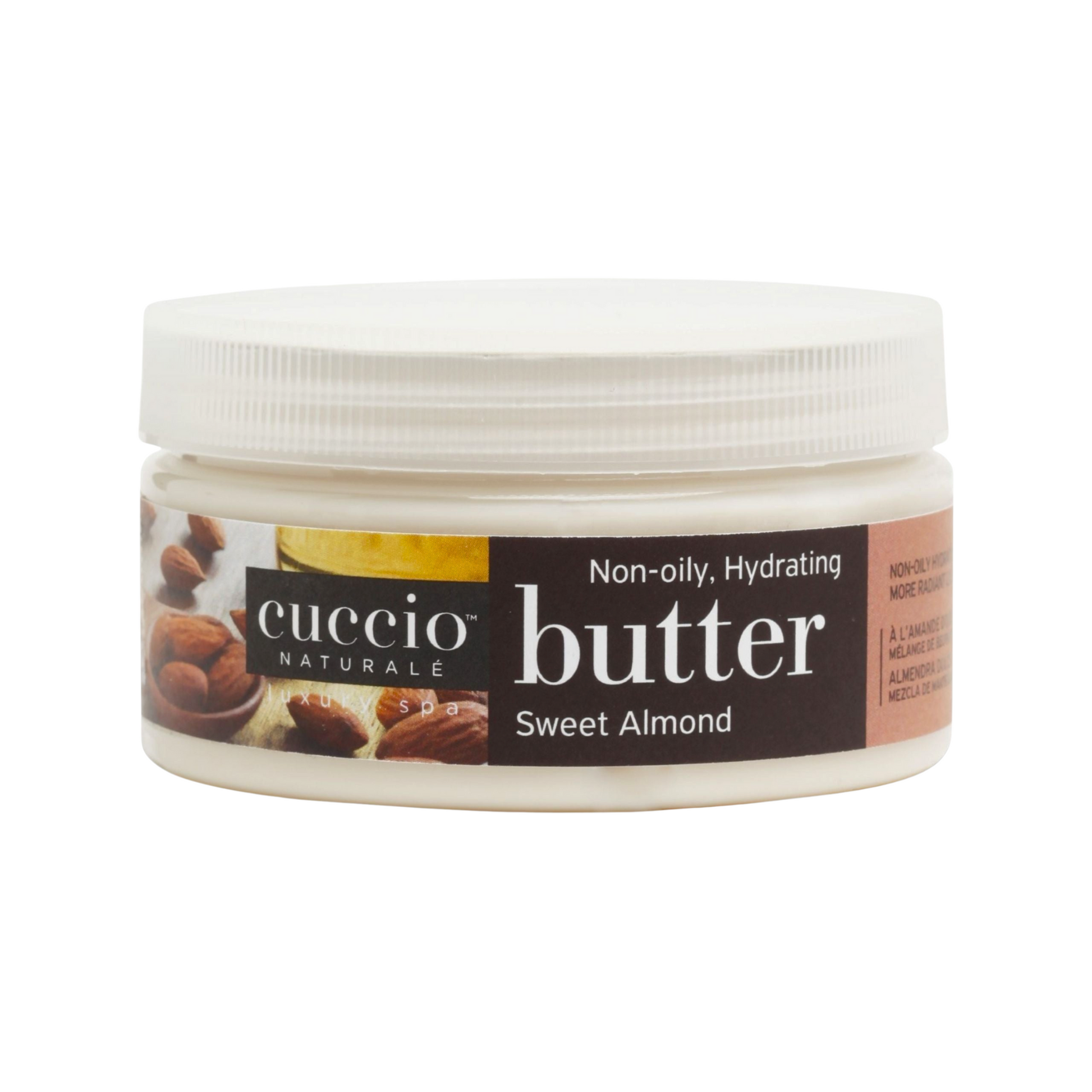Cuccio Naturalé Sweet Almond Hydrating Butter in 226g jar, creamy lotion with almond scent, moisturizing skin care product.