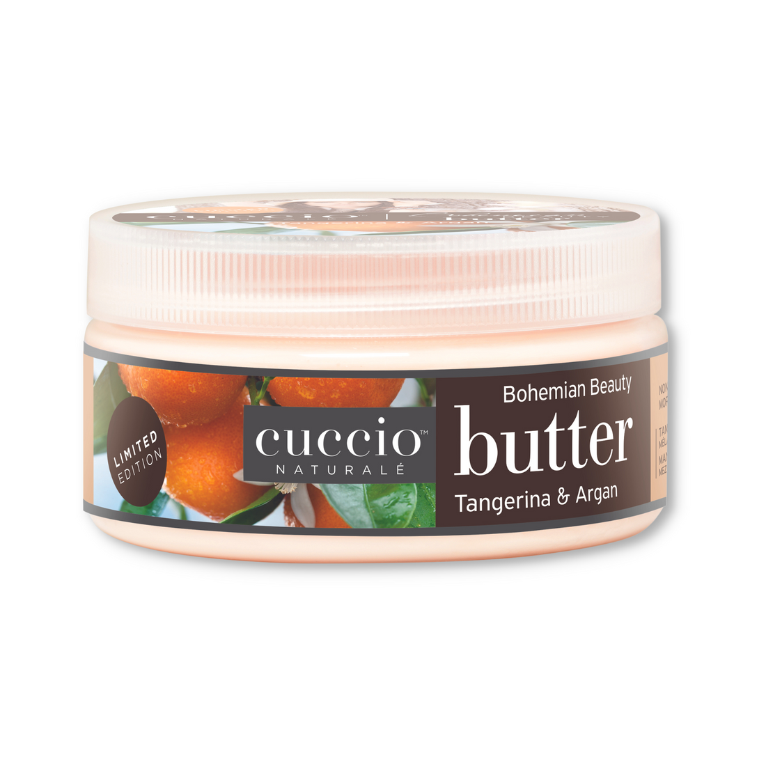 Cuccio Naturalé Tangerina & Argan hydrating butter lotion with fresh tangerine and nourishing argan oil for soft, moisturized skin.