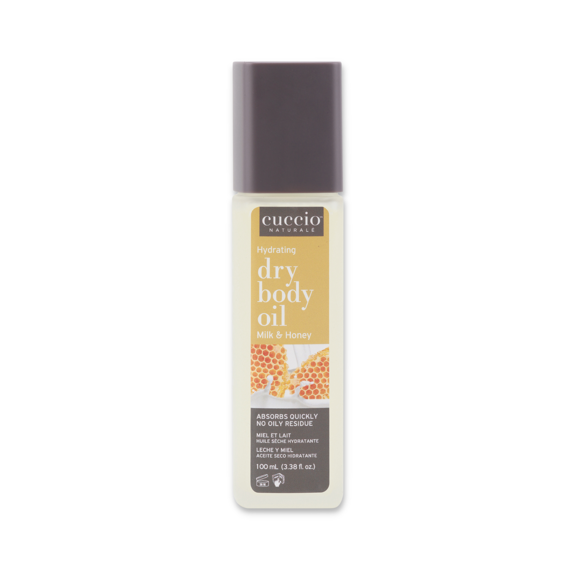 Cuccio Naturalé hydrating dry body oil with milk and honey, featuring a sleek 100ml bottle for nourishing skin.