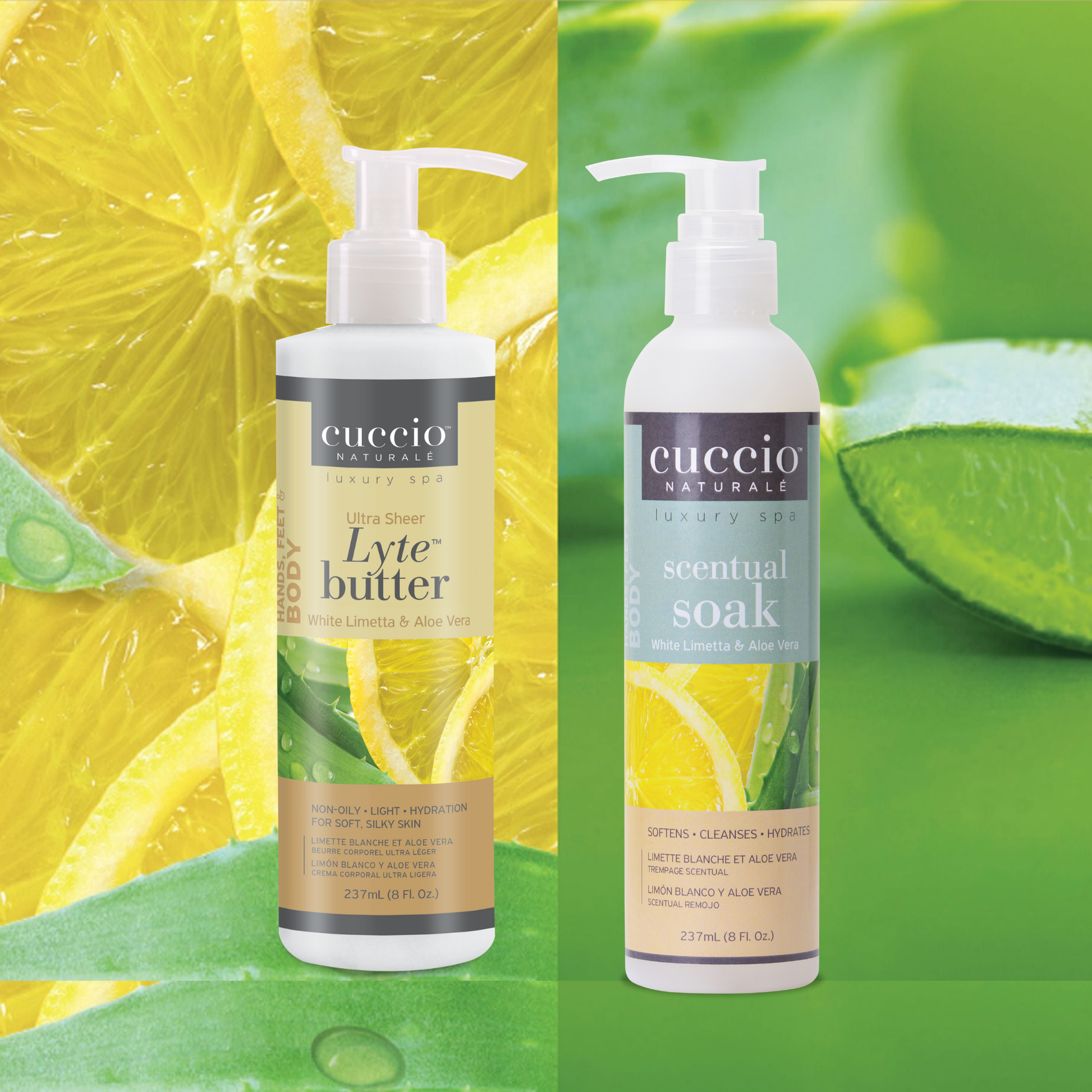 Cuccio Naturalé Lyte Butter Lotion and Scentual Soak with white limetta and aloe vera, moisturizing skincare products.