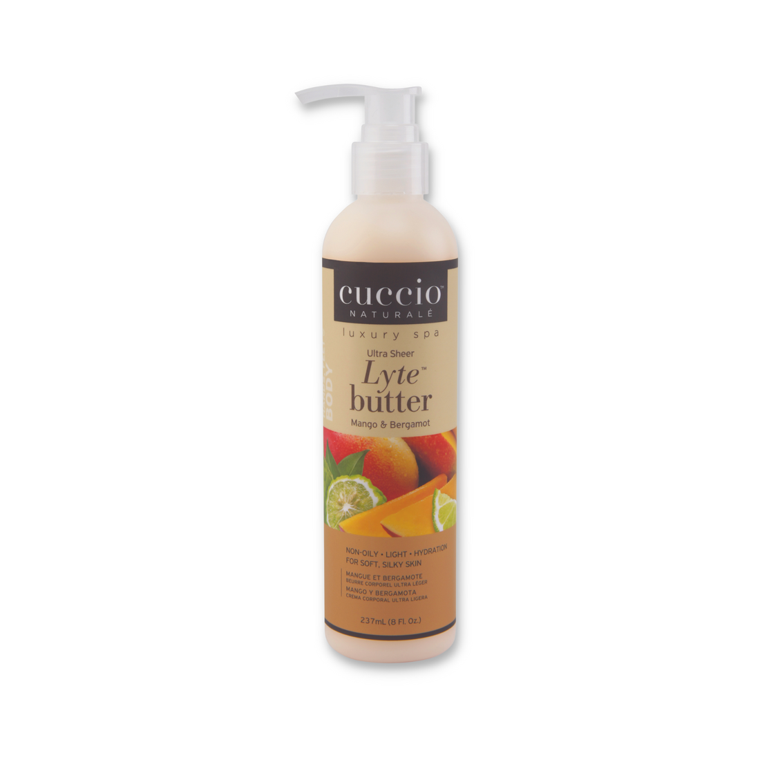 Cuccio Naturalé Lyte Butter Lotion with mango and bergamot, moisturizing lotion and moisturizer in a 237ml bottle.