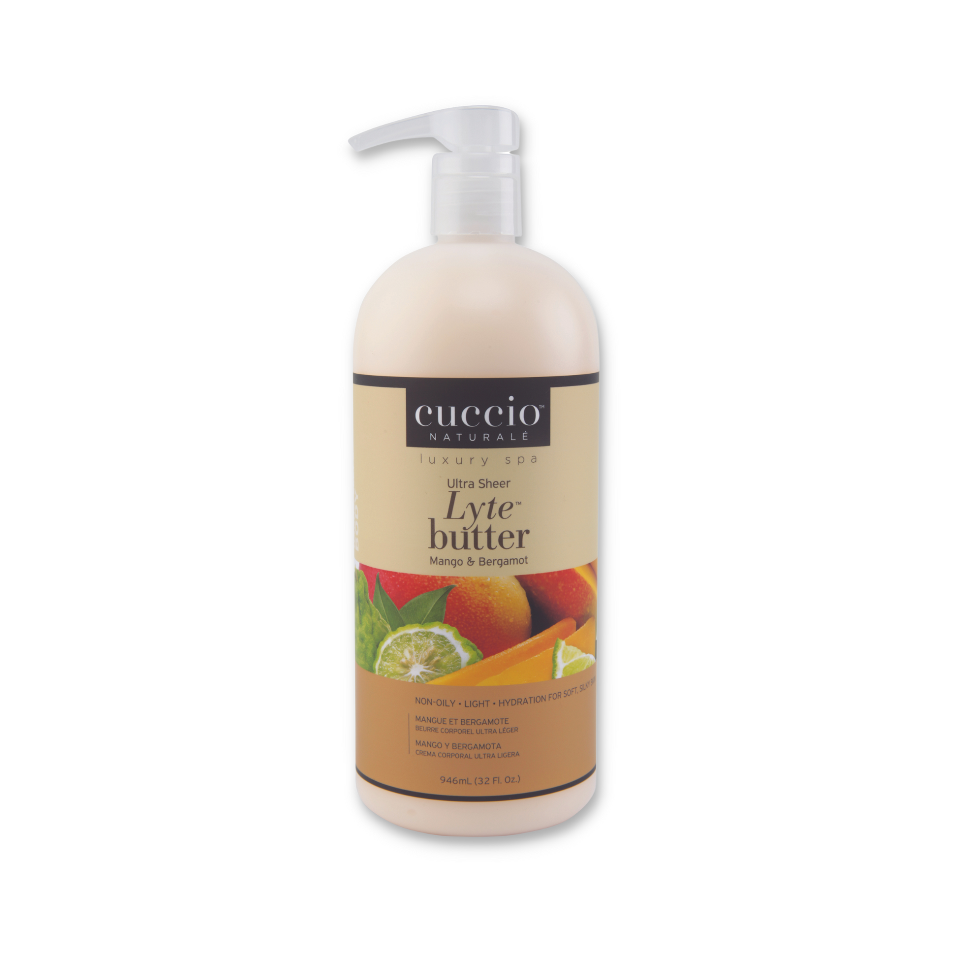 Cuccio Naturalé Lyte Butter Lotion with mango and bergamot scent, moisturizing cream in a white pump bottle.