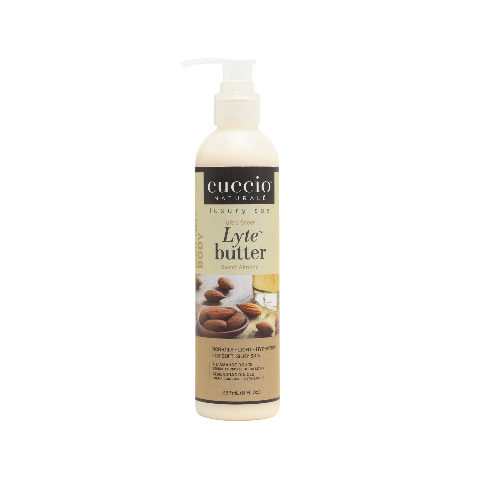 Cuccio Naturalé Lyte Butter Lotion with Sweet Almond scent, moisturizing lotion and skin moisturizer in a 237ml bottle.
