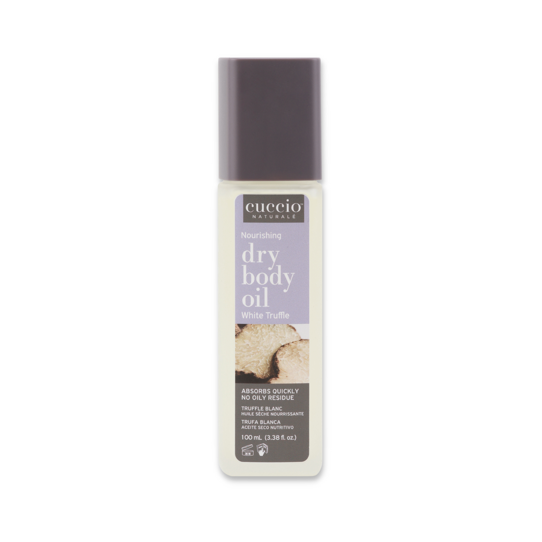 Cuccio Naturalé nourishing dry body oil with white truffle, 100ml bottle, featuring a sleek design and elegant labeling.