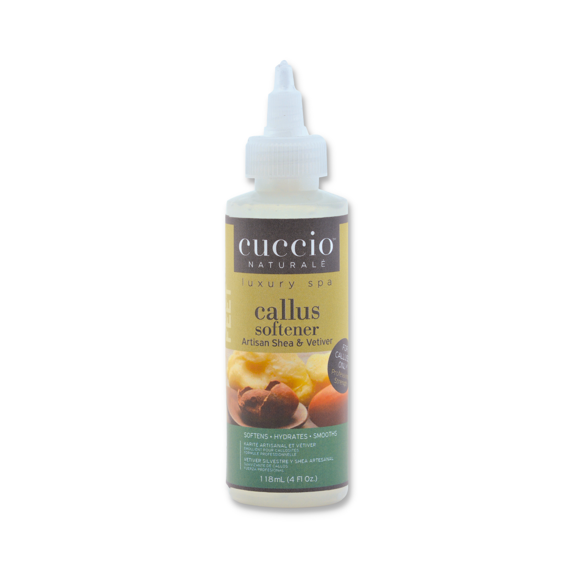 Cuccio Naturalé Pedicure Callus Softener with artisan shea and vetiver, 118ml, for smoothing and softening rough skin on feet.