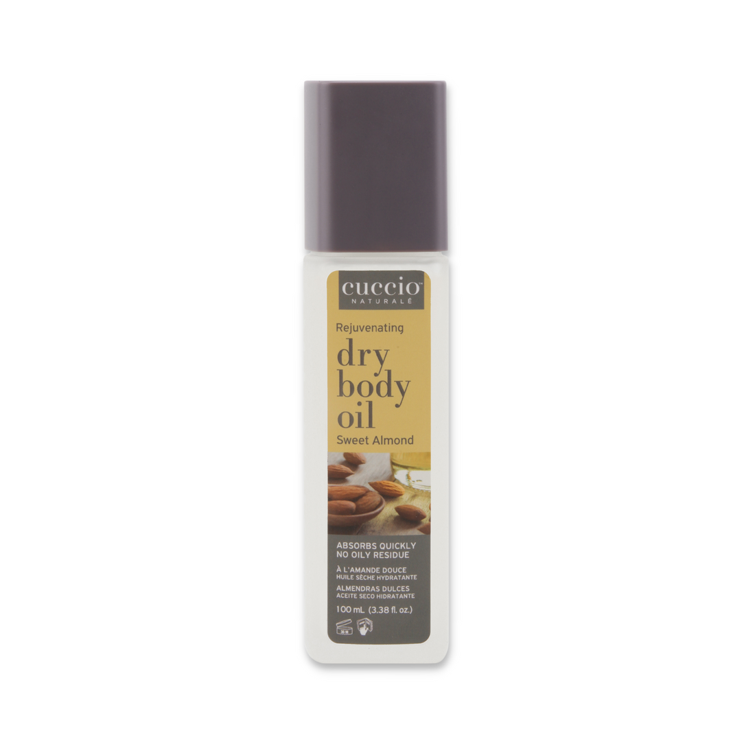 Cuccio Naturalé Rejuvenating Dry Body Oil with sweet almond, 100ml bottle, showcasing smooth, nourishing body oil for glowing skin.
