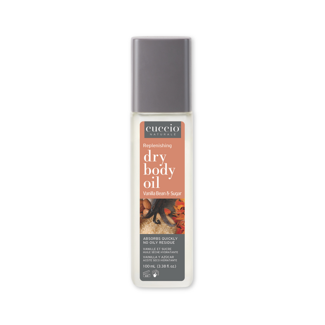 Cuccio Naturalé Replenishing Dry Body Oil with vanilla bean and sugar scent, 100ml bottle showing smooth oil texture and elegant packaging.