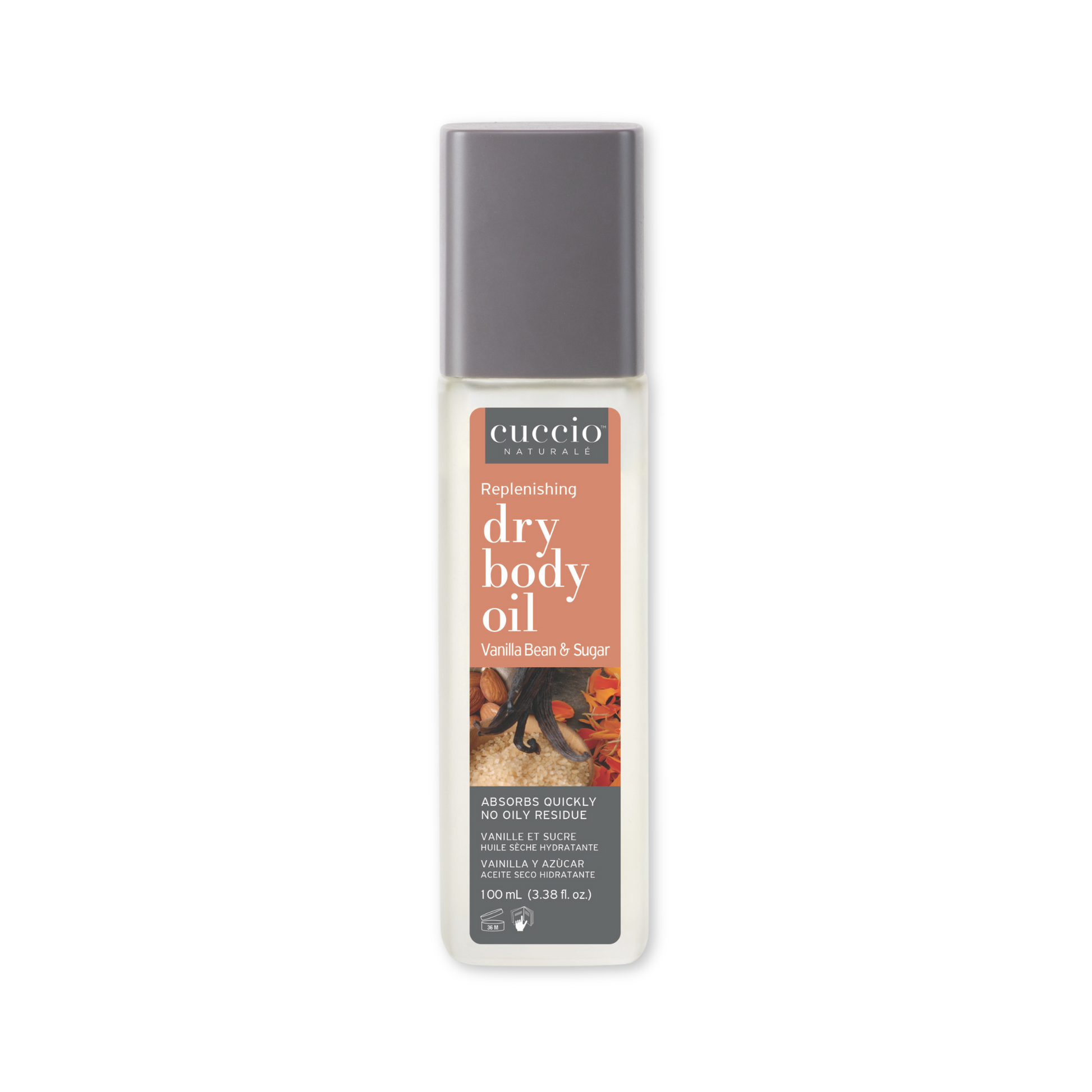 Cuccio Naturalé Replenishing Dry Body Oil with vanilla bean and sugar scent, 100ml bottle showing smooth oil texture and elegant packaging.
