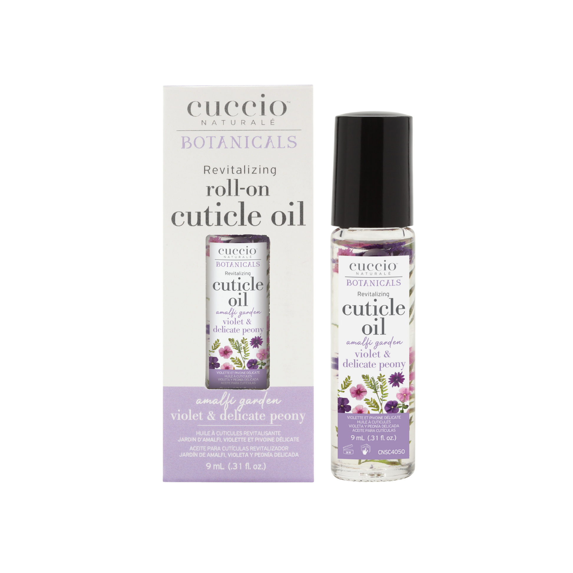 Cuccio Naturalé Amalfi Garden revitalizing cuticle oil in a 9ml roll-on bottle with botanical scent and nourishing formula.