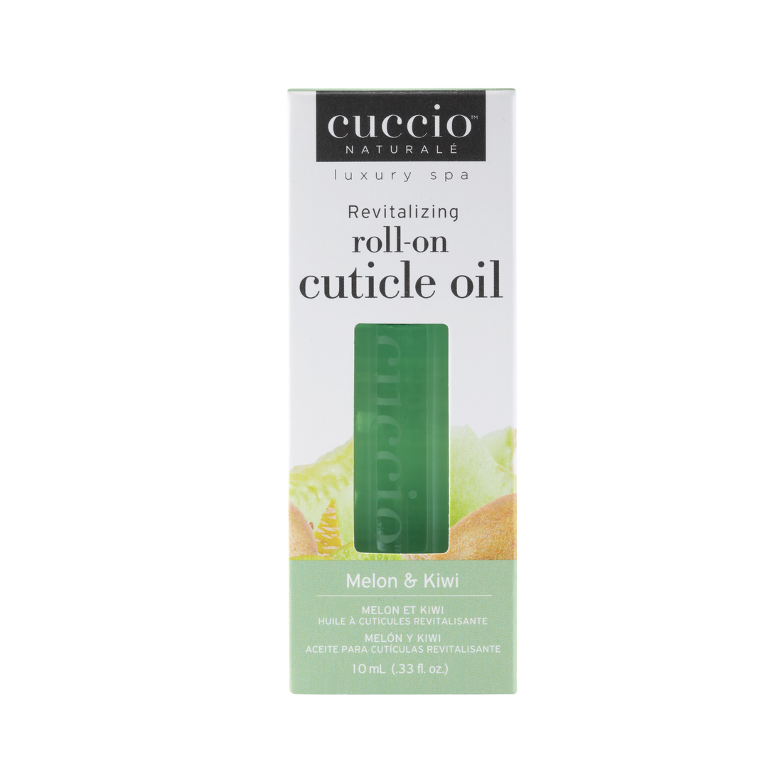 Cuccio Naturalé Revitalizing roll-on cuticle oil with melon and kiwi scent, 10ml bottle for nourishing cuticles and nails.