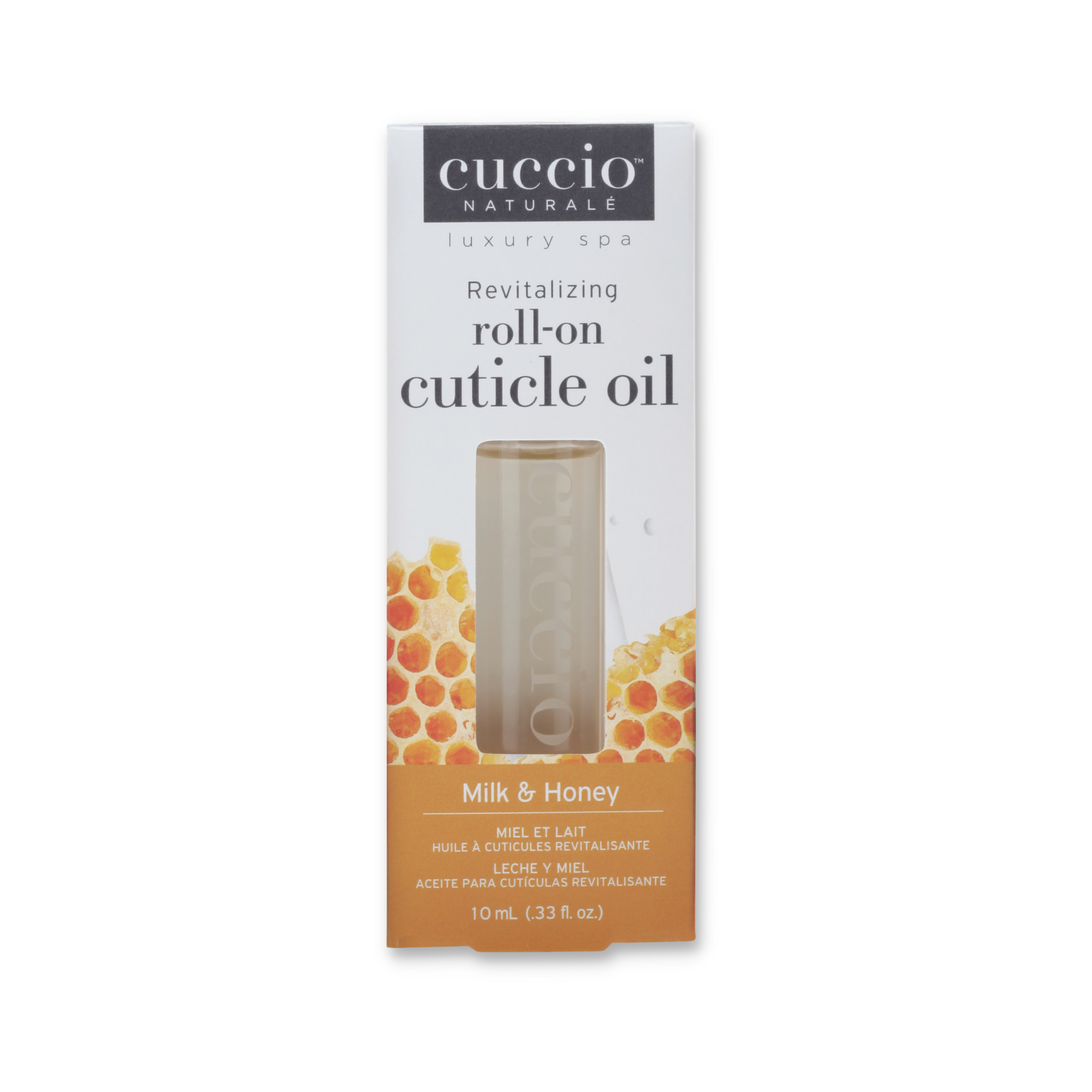 Cuccio Naturalé Revitalizing Milk & Honey Cuticle Oil roller with applicator for nourishing cuticles and healthy nails.