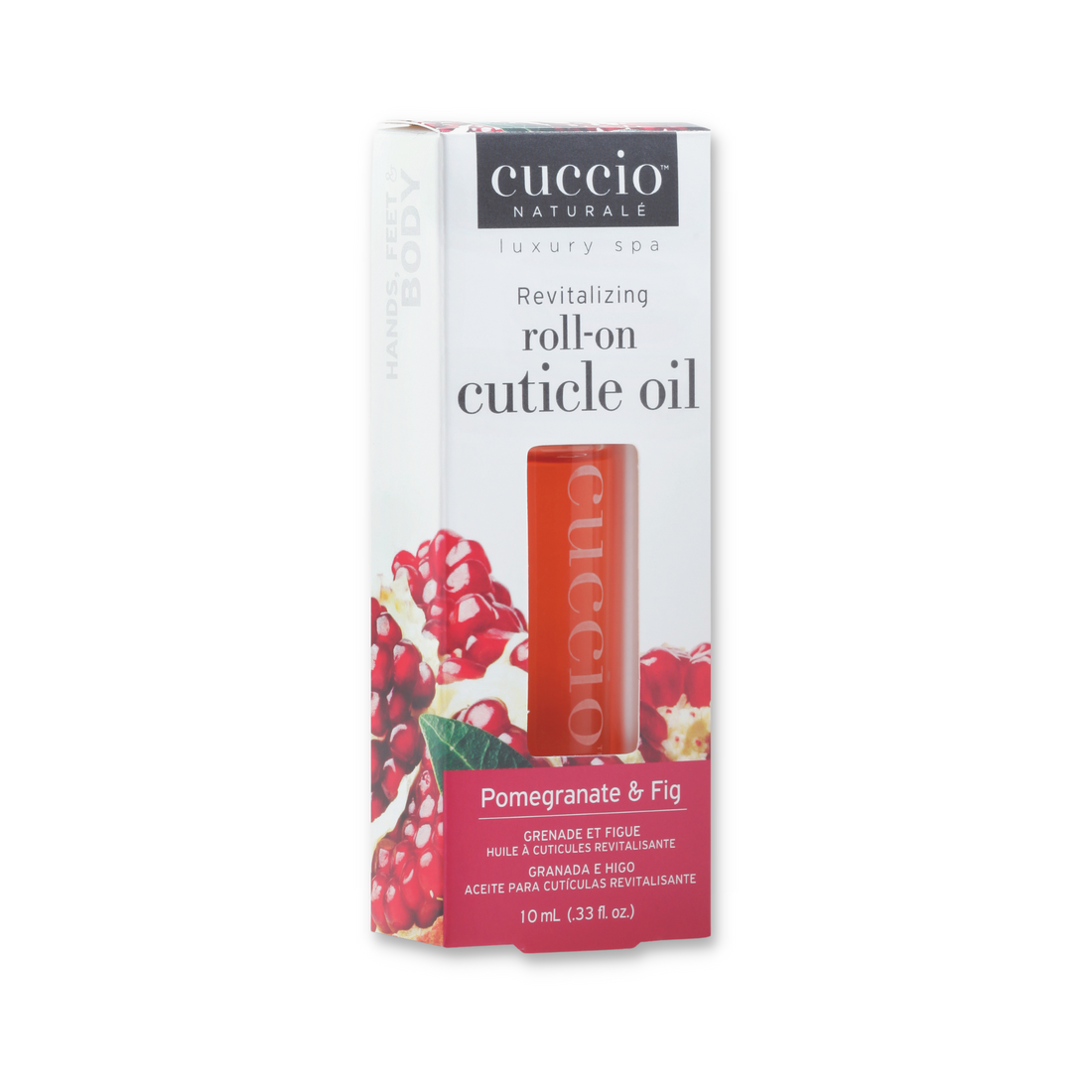 Cuccio Naturalé Revitalizing Roll-on Cuticle Oil with pomegranate and fig, featuring a sleek rollerball applicator for healthy cuticles.