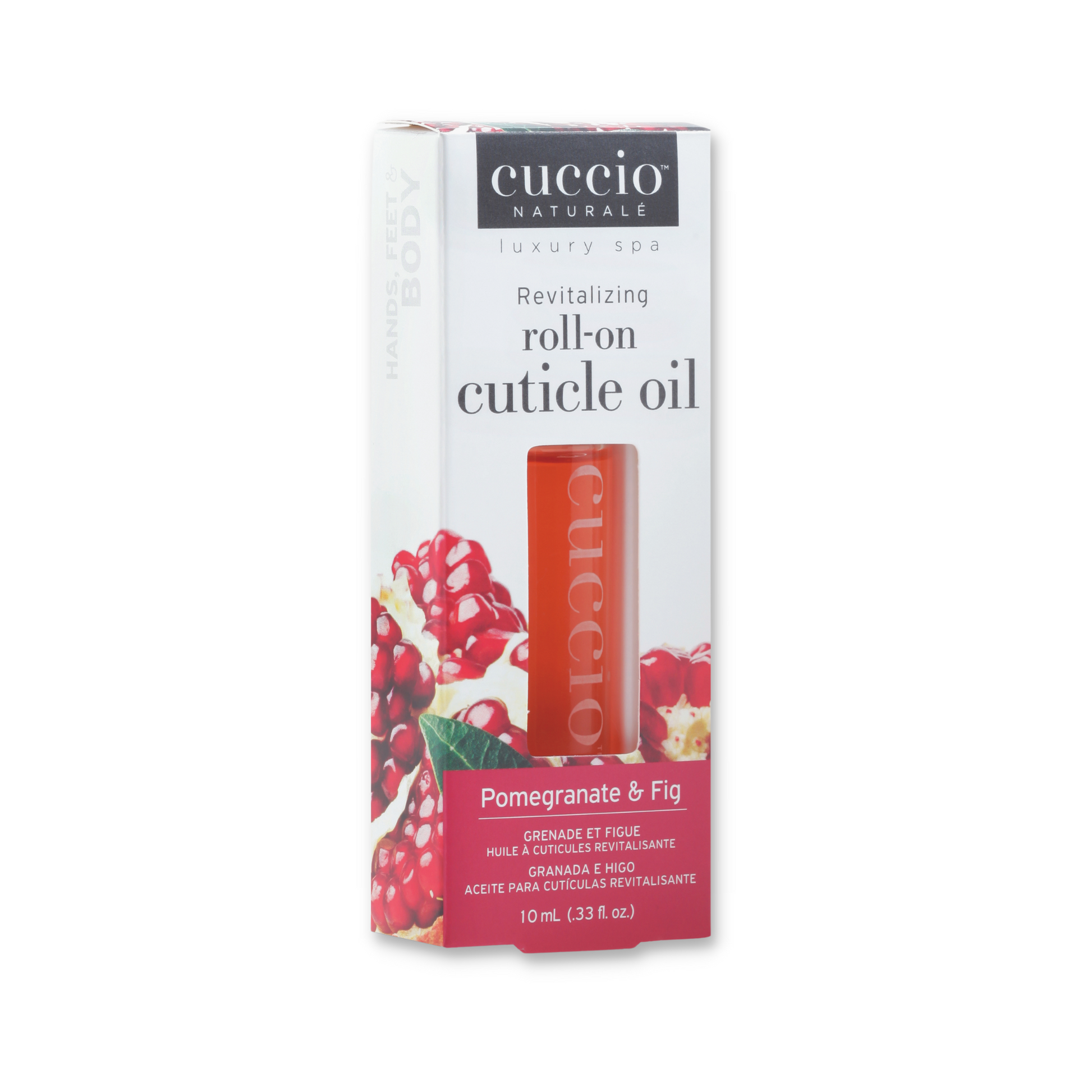 Cuccio Naturalé Revitalizing Roll-on Cuticle Oil with pomegranate and fig, featuring a sleek rollerball applicator for healthy cuticles.